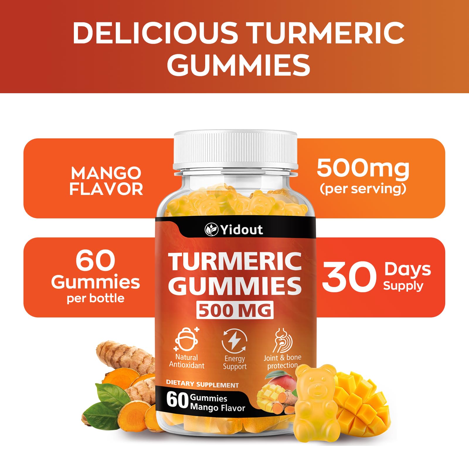 Turmeric Curcumin Gummies 500mg with Ginger & Black Pepper – Mango (60 Count, Pack of 2)