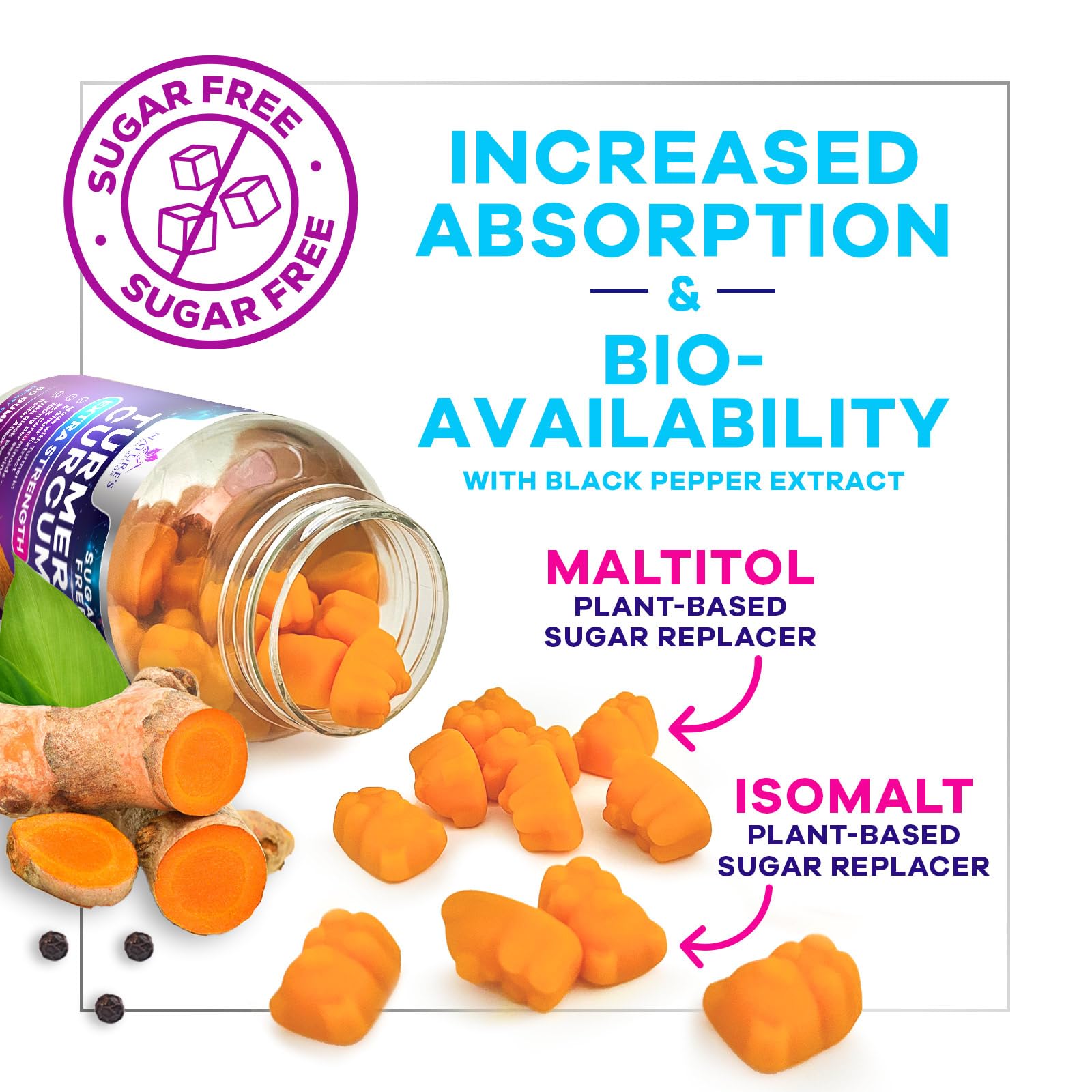 Turmeric Curcumin Gummies Sugar Free 95% Curcuminoids, Black Pepper, Peach