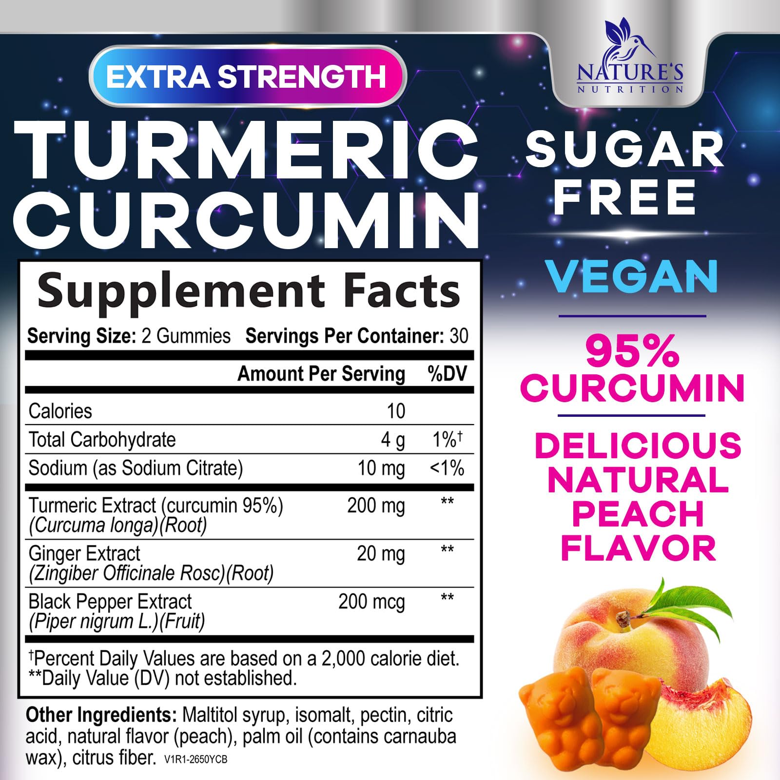 Turmeric Curcumin Gummies Sugar Free 95% Curcuminoids, Black Pepper, Peach
