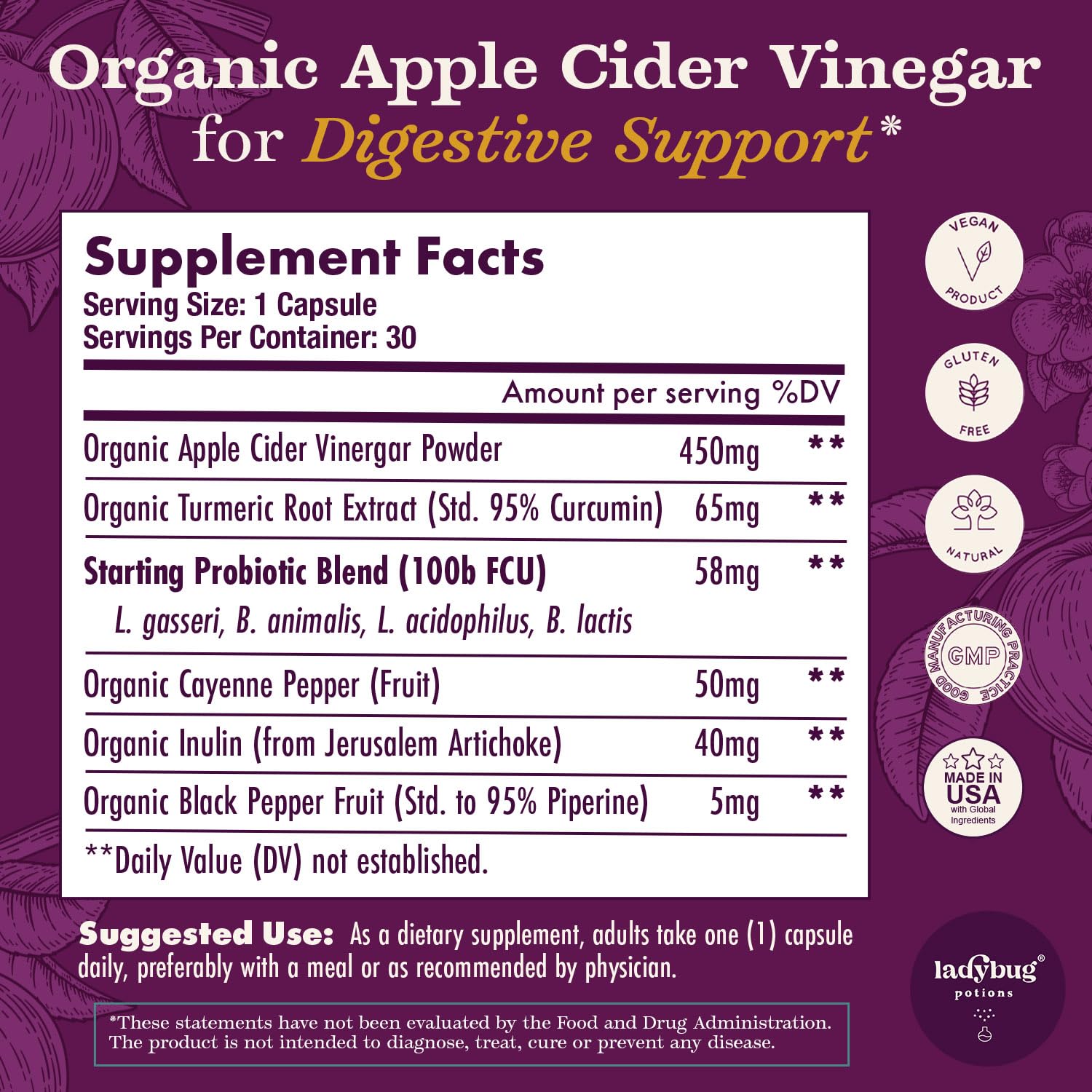 Ladybug Potions Organic Apple Cider Vinegar Capsules 450 mg | Turmeric, Probiotics & Cayenne