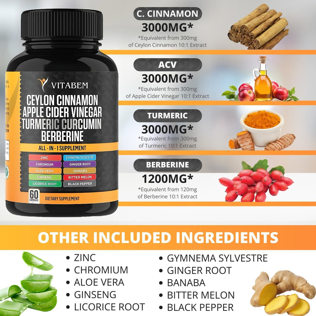 Ceylon Cinnamon Capsules + Apple Cider Vinegar – Turmeric 3000mg, Berberine 1200mg, 60 Count