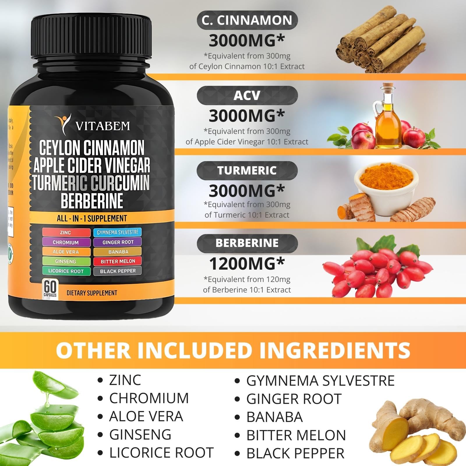 Ceylon Cinnamon Capsules + Apple Cider Vinegar – Turmeric 3000mg, Berberine 1200mg, 60 Count