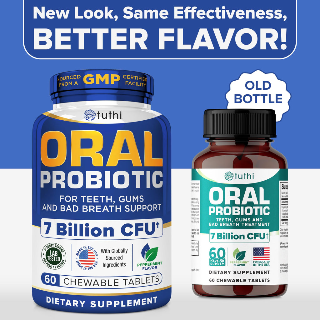 Tuthi Oral Probiotics & Tongue Scraper – Bad Breath Treatment for Adults – Dental Probiotics for Teeth and Gums – Supports Fresh Breath – 60 Chewable Tablets