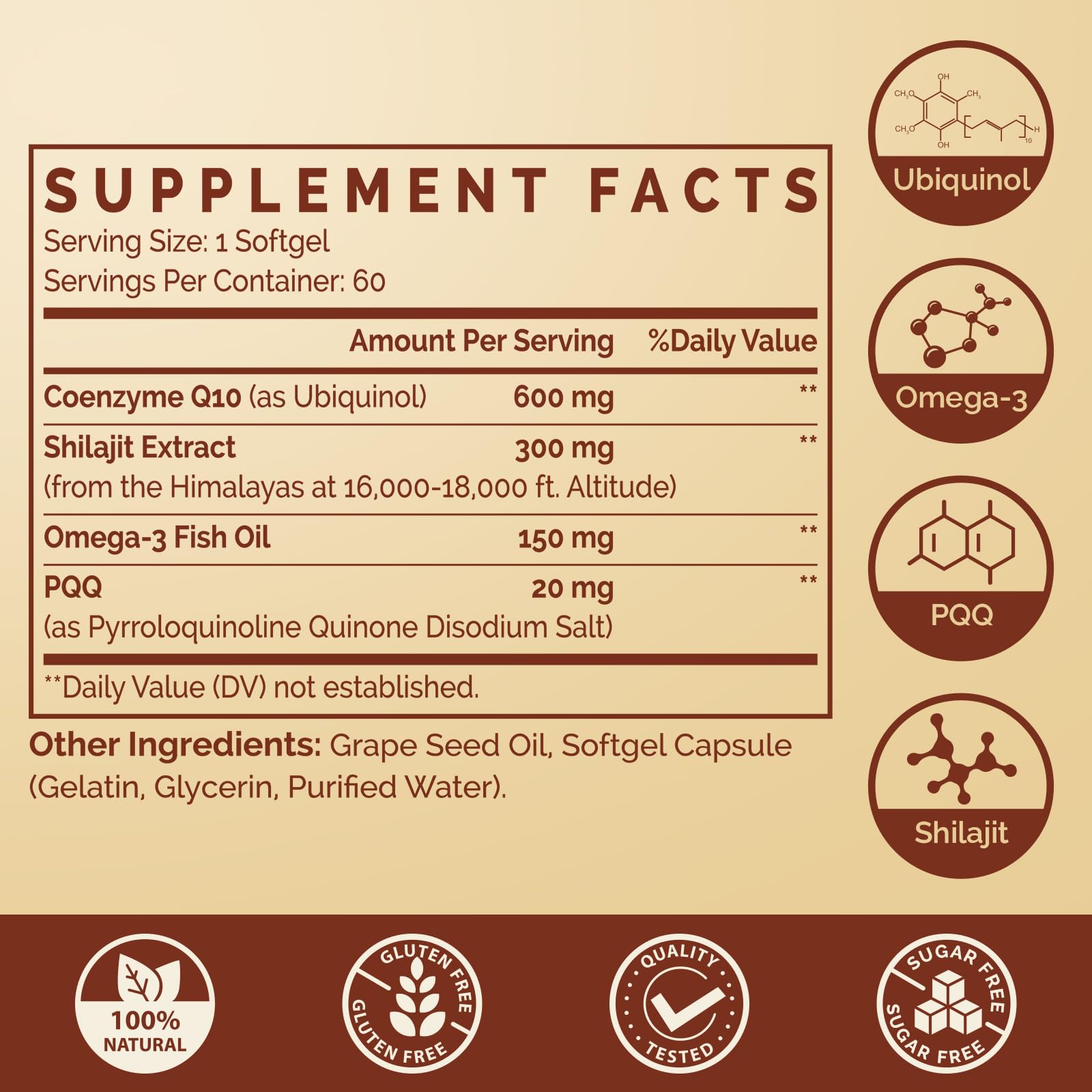 Ubiquinol CoQ10 600mg Softgels with Omega-3, Shilajit & PQQ – 60 Servings