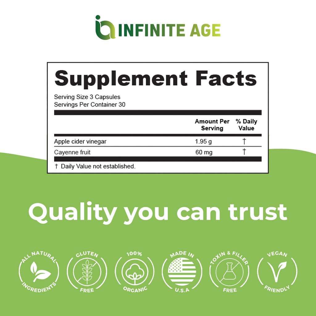 Infinite Age 1950mg Apple Cider Vinegar Capsules – 90 Count | Made in USA | Vegan, Gluten Free, All-Natural | 60mg Cayenne