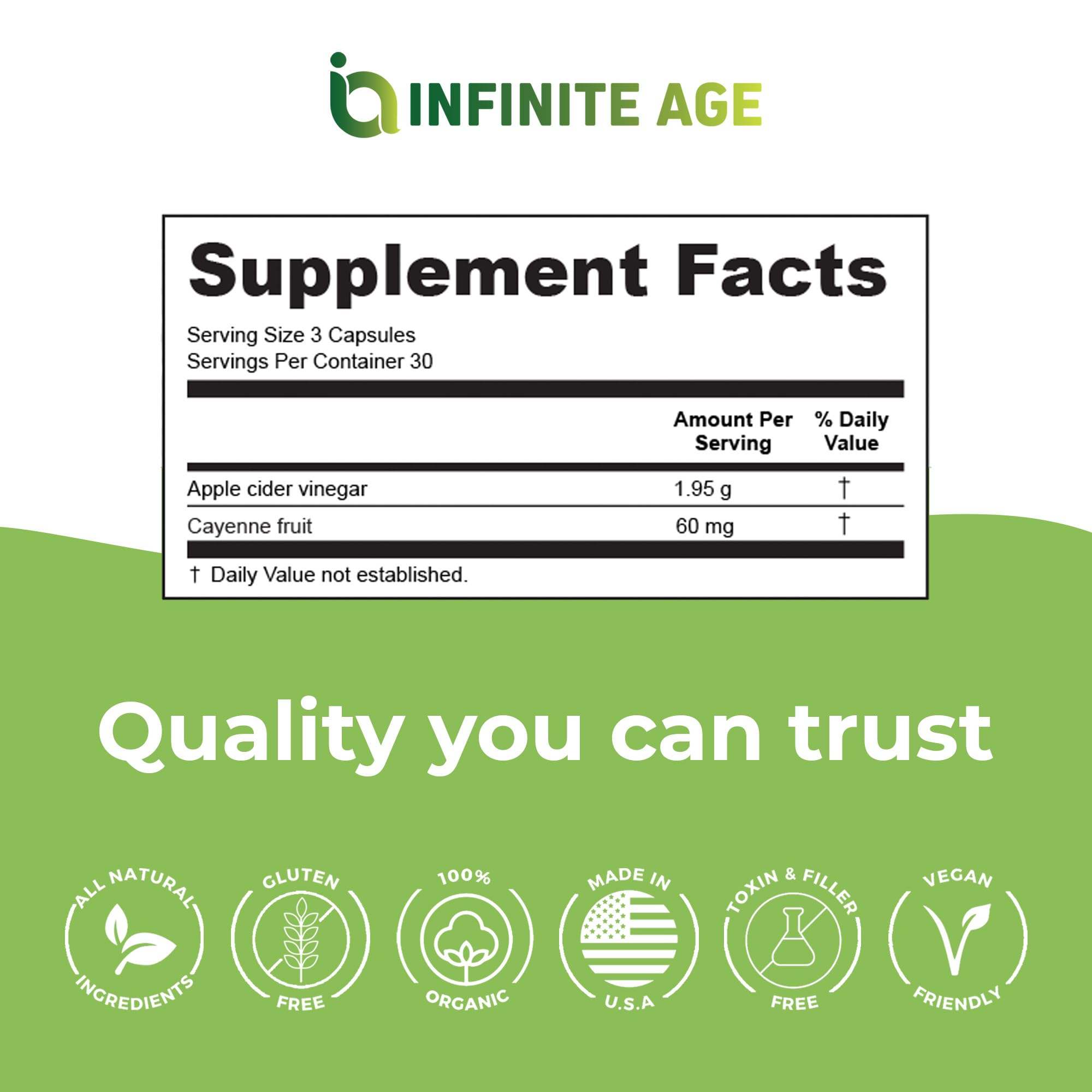 Infinite Age 1950mg Apple Cider Vinegar Capsules – 90 Count | Made in USA | Vegan, Gluten Free, All-Natural | 60mg Cayenne