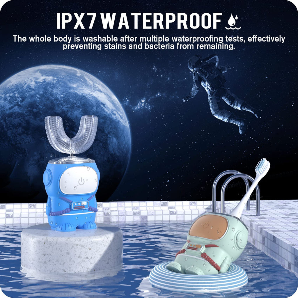 Ultrasonic Kid's U-Shaped Toothbrush | IPX7 Waterproof, 5 Modes, 60s Timer | Cartoon Astronaut, Green (Ages 2-6)