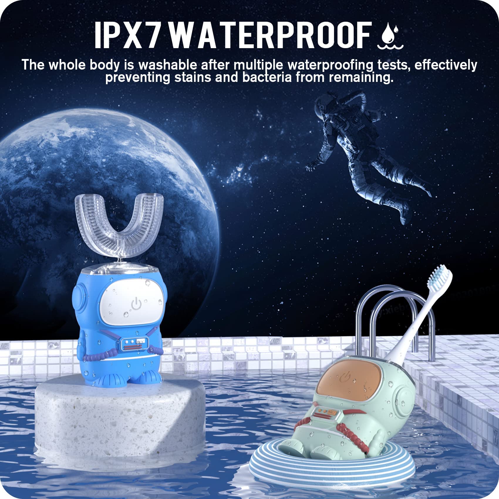 Ultrasonic Kid's U-Shaped Toothbrush | IPX7 Waterproof, 5 Modes, 60s Timer | Cartoon Astronaut, Green (Ages 2-6)