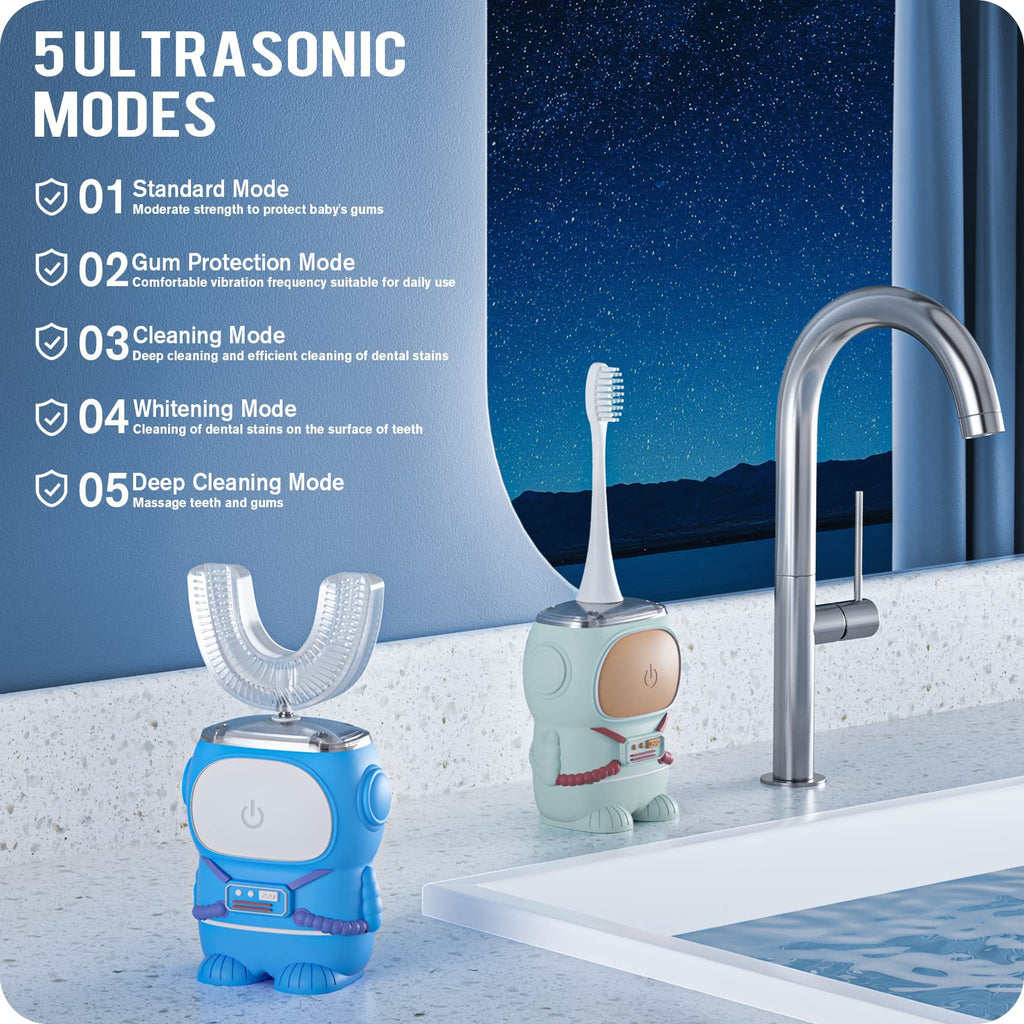 Ultrasonic Kid's U-Shaped Electric Toothbrush - IPX7, 5 Modes, 60s Timer (Azure Blue, Ages 2-6)