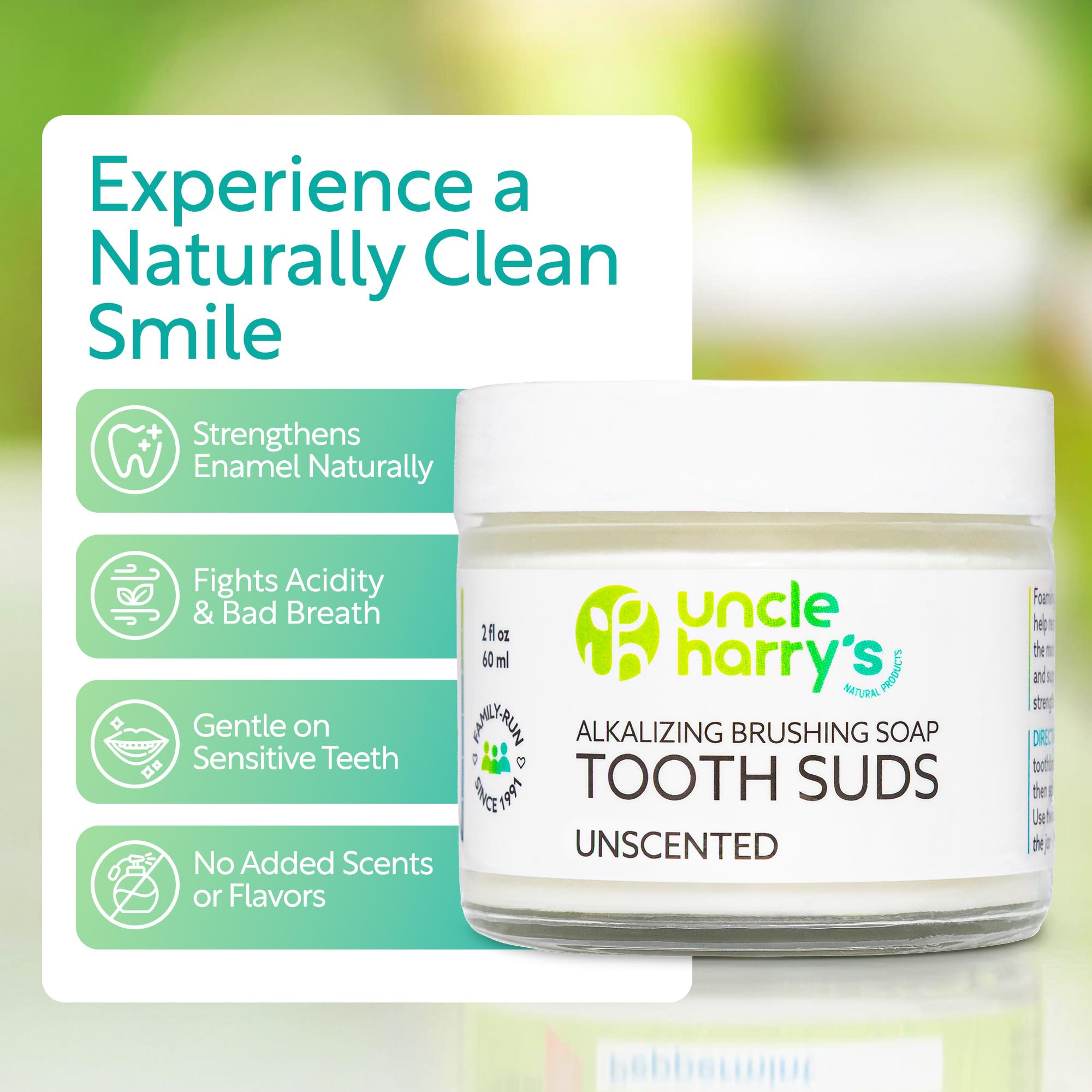 Uncle Harry's Non-Abrasive Unscented Brushing Soap Tooth Suds | Natural Remineralizing Toothpaste (Vegan, Fluoride-Free) 2 oz Pack of 2