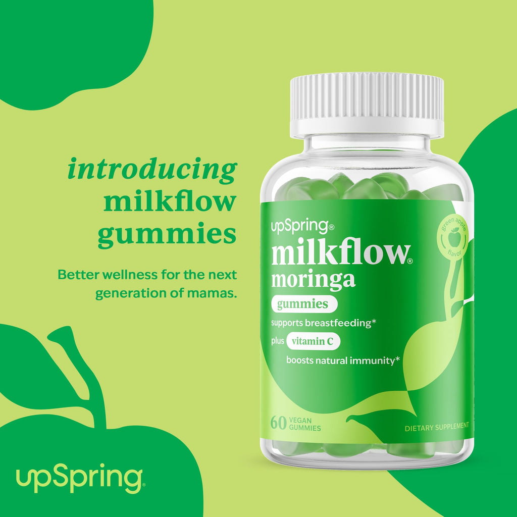 UpSpring Milkflow Moringa Gummies - Natural Breastfeeding Support (Vegan, Green Apple)