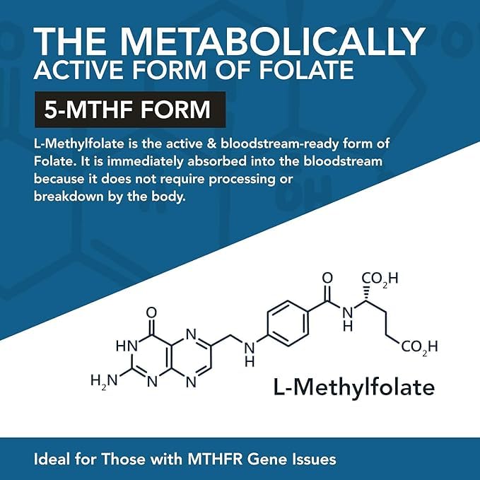 L Methylfolate 7.5mg + Methyl B12 (5-MTHF) - MTHFR Supplement - Bloodstream Ready Folate + B12 Cofactor - 60 Capsules