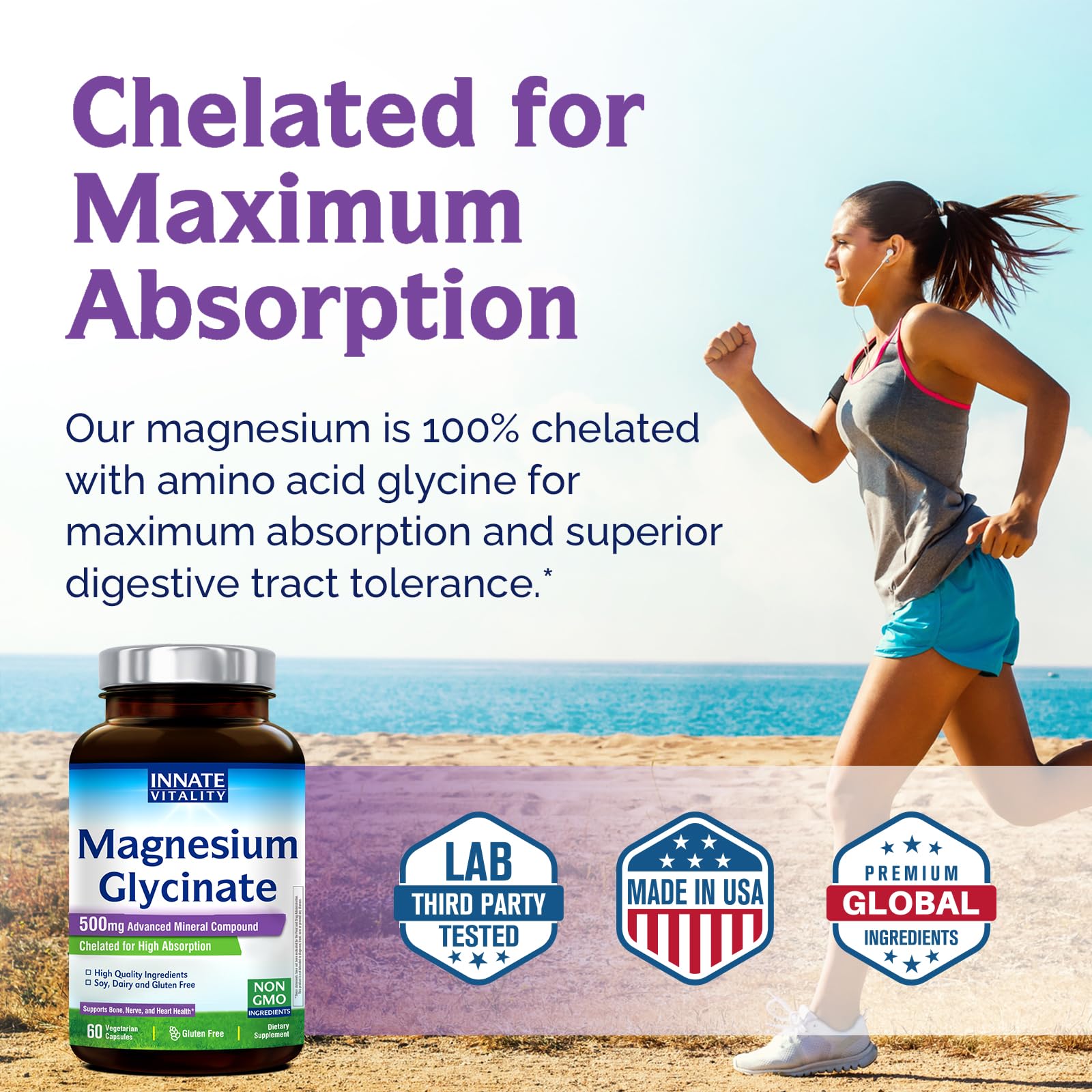 Innate Vitality Magnesium Glycinate 500mg | 70mg Elemental Magnesium per Capsule | High Absorption, Non-GMO & Gluten-Free | 60 Vegan Capsules