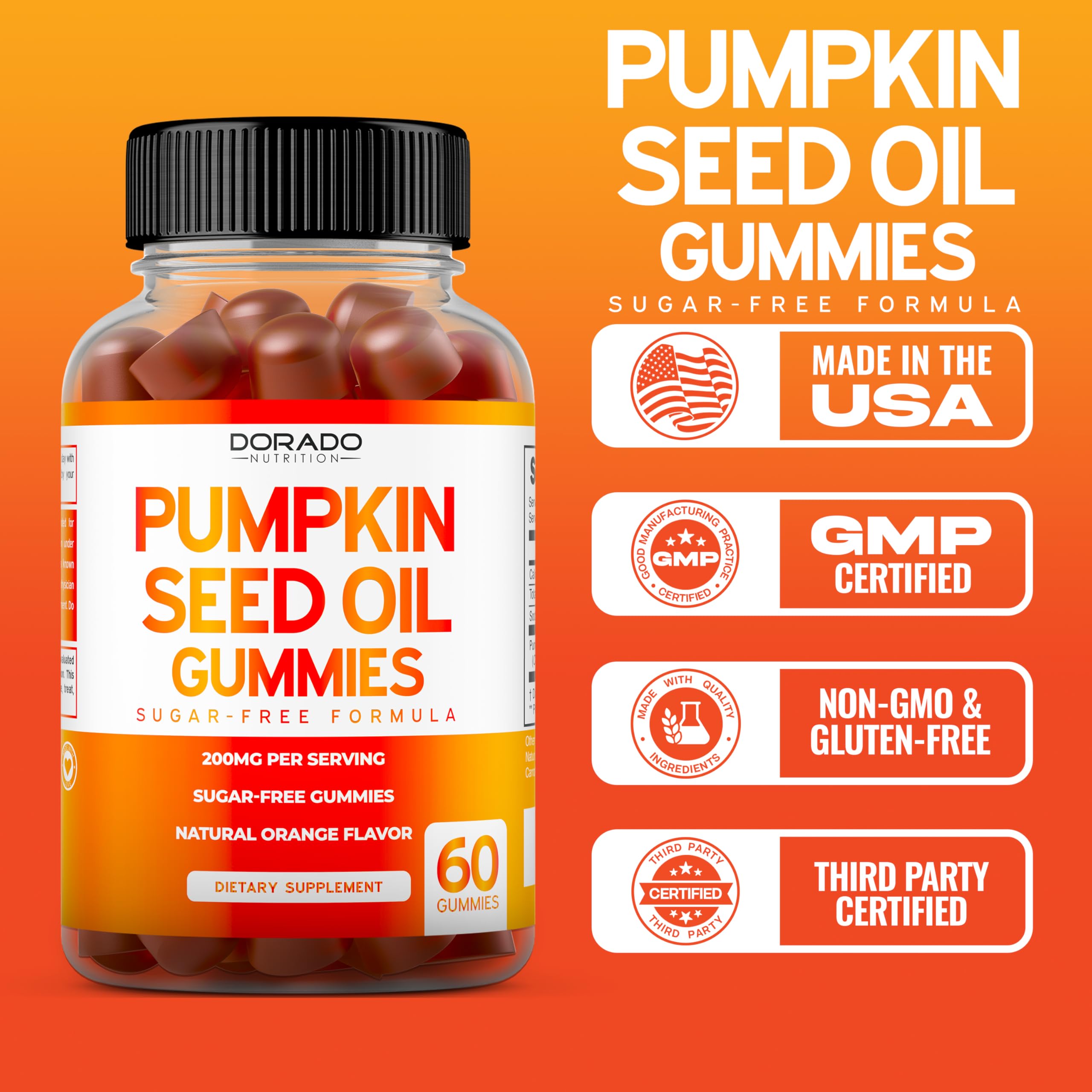 Pumpkin Seed Oil Gummies 4000mg - Sugar Free Orange Flavor | Gluten Free, Vegan, Non-GMO | USA Made (60 Capsules)