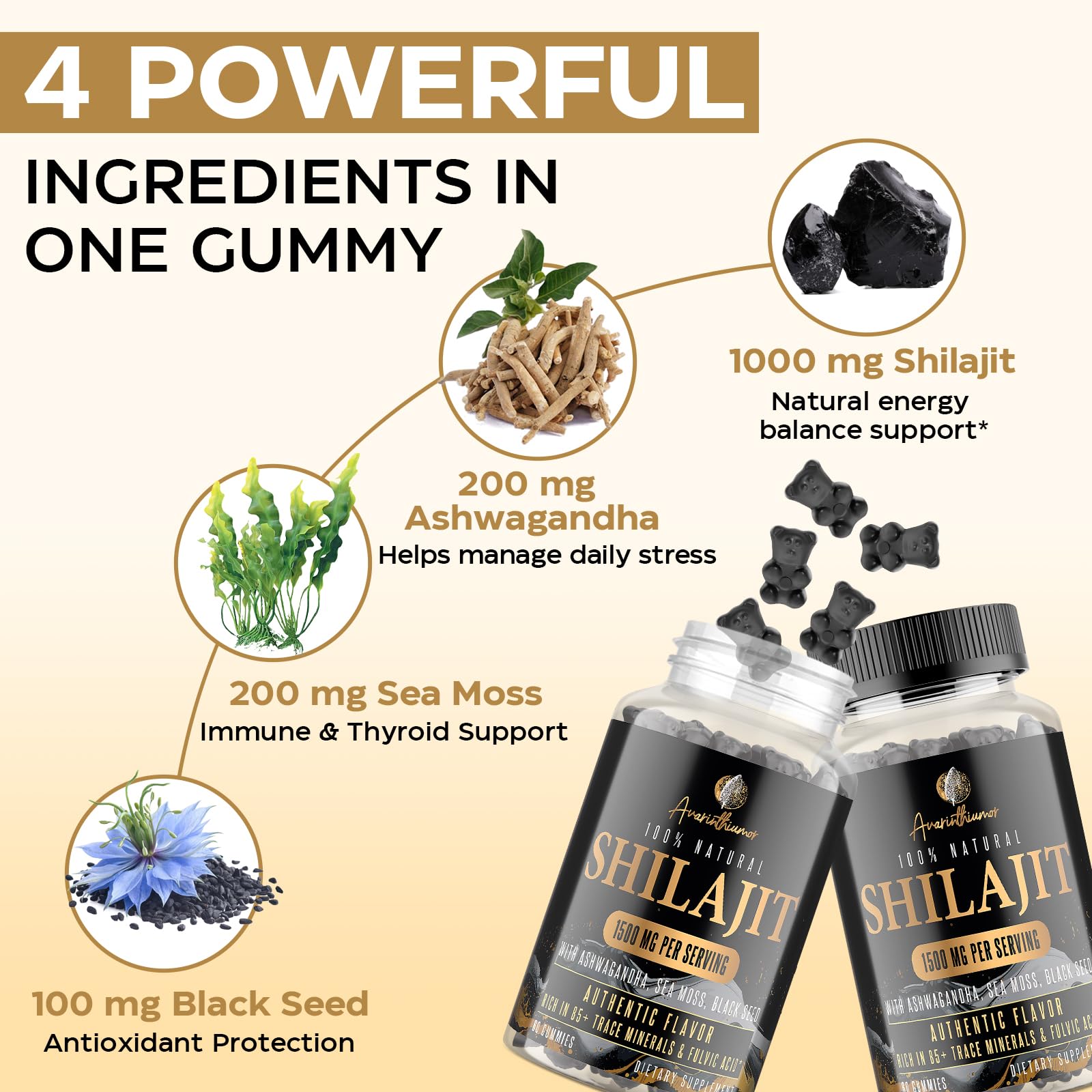 1500MG Shilajit Gummies – 4-in-1 with Ashwagandha, Sea Moss, Black Seed | Energy & Immunity | 60 Gummies
