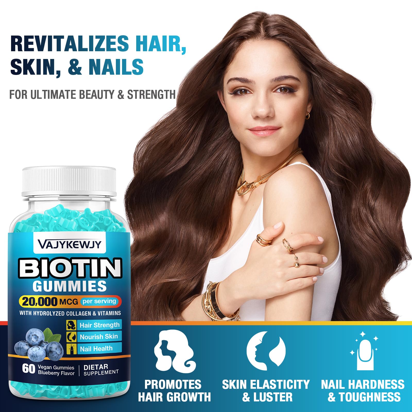 VAJYKEWJY Vegan Biotin Gummies – 20,000 mcg per Serving | Hair, Skin & Nails