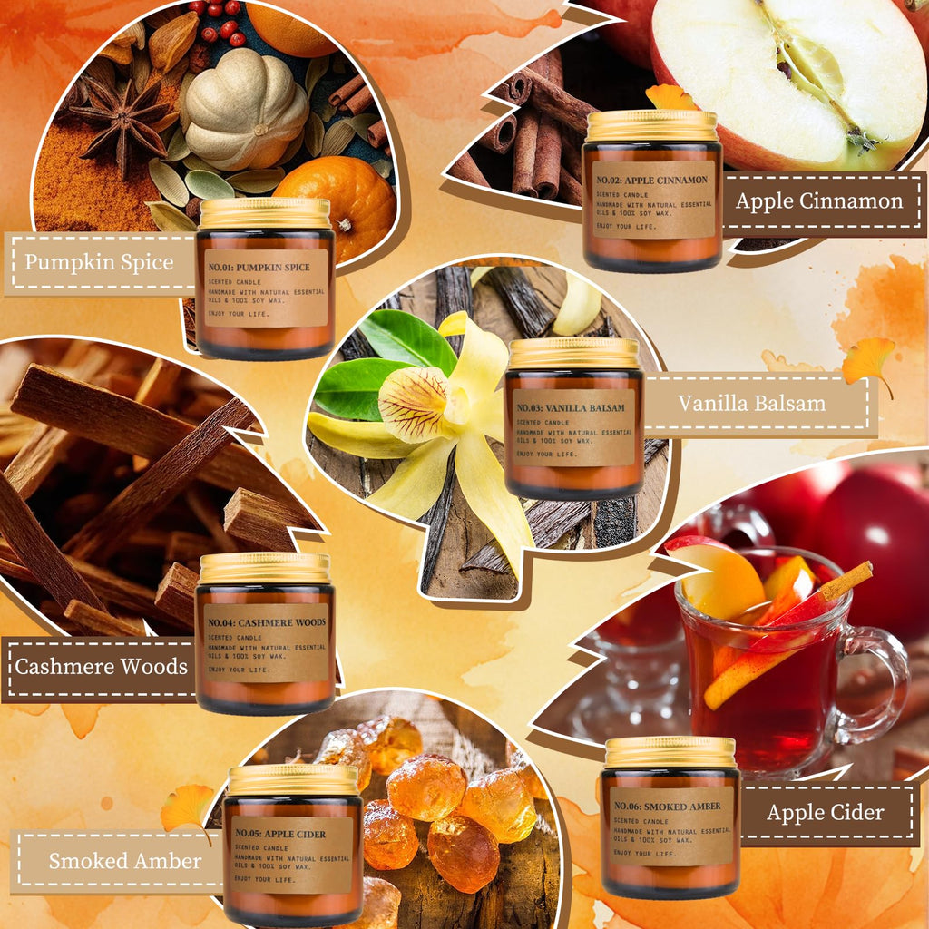 Fall Candles for Home: 6 x 3.5 oz Soy Wax, 150 Hours Long-Lasting – Pumpkin Spice & Apple Cinnamon