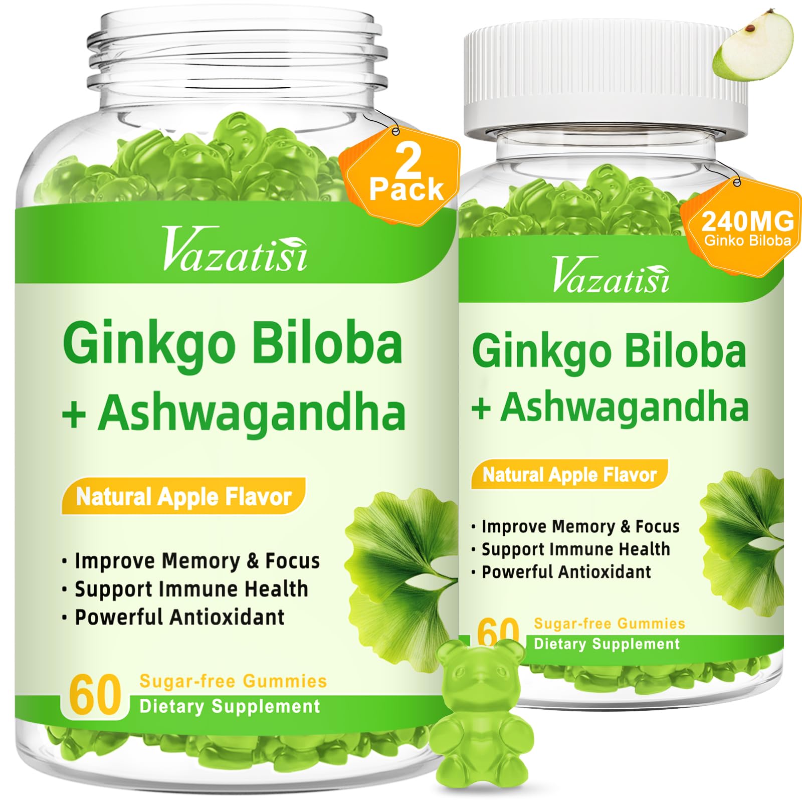 Vazatisi 2 Pack Ginkgo Biloba Gummies 240MG with Panax Ginseng – Mood, Focus & Brain Health (Apple Flavor)