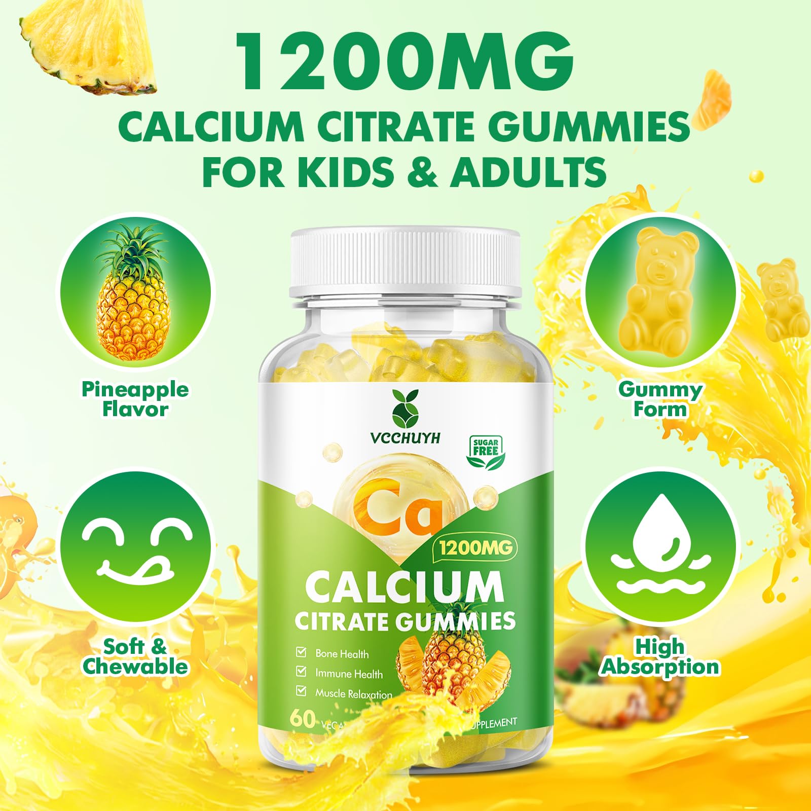 VCCHUYH Calcium Citrate Gummies 1200 mg – Sugar-Free, Vegan, Pineapple