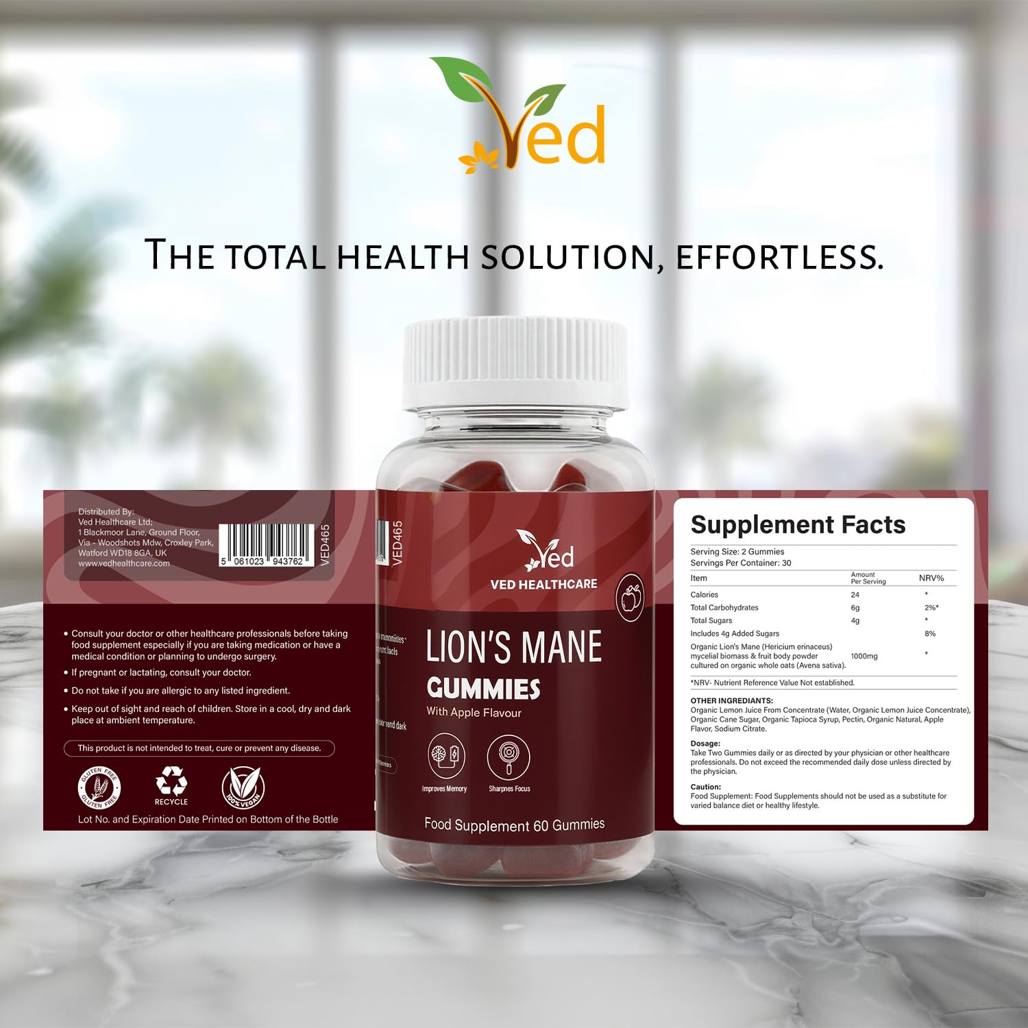 Ved Lion's Mane Gummies 1000mg – Apple Flavour | Vegan Brain Health 60 Gummies