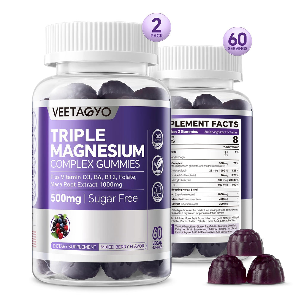 VEETAGYO Magnesium Gummies 500mg | 3 Magnesium Forms (Glycinate, Taurate, Malate) | Vegan Sugar-Free | 120 ct