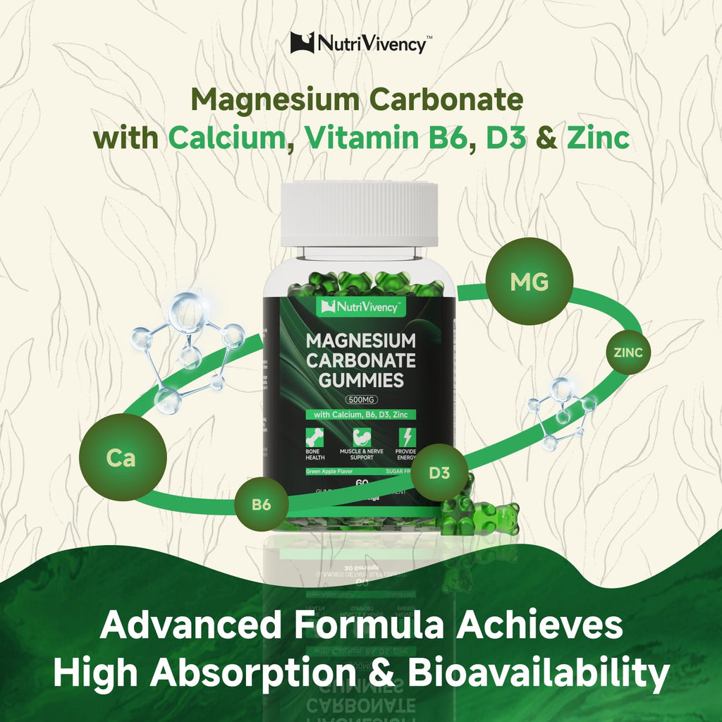 Magnesium Carbonate Gummies 500mg – Vegan, Sugar Free, Green Apple Flavor | Calcium, B6, D3 & Zinc | 30 Servings