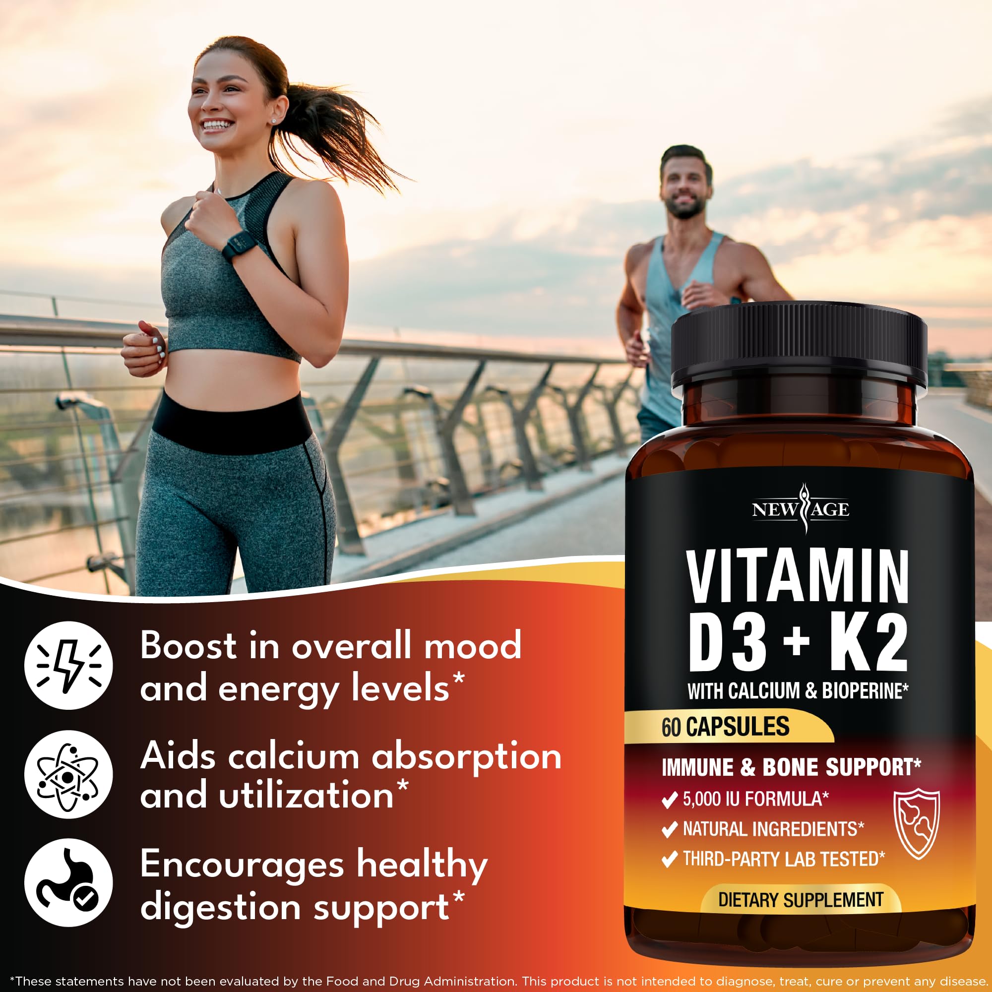 Vitamin D3 5,000 IU + K2 MK-7 100 mcg - 60 Capsules | Bone, Immune & Heart Support - Vegan & Non-GMO