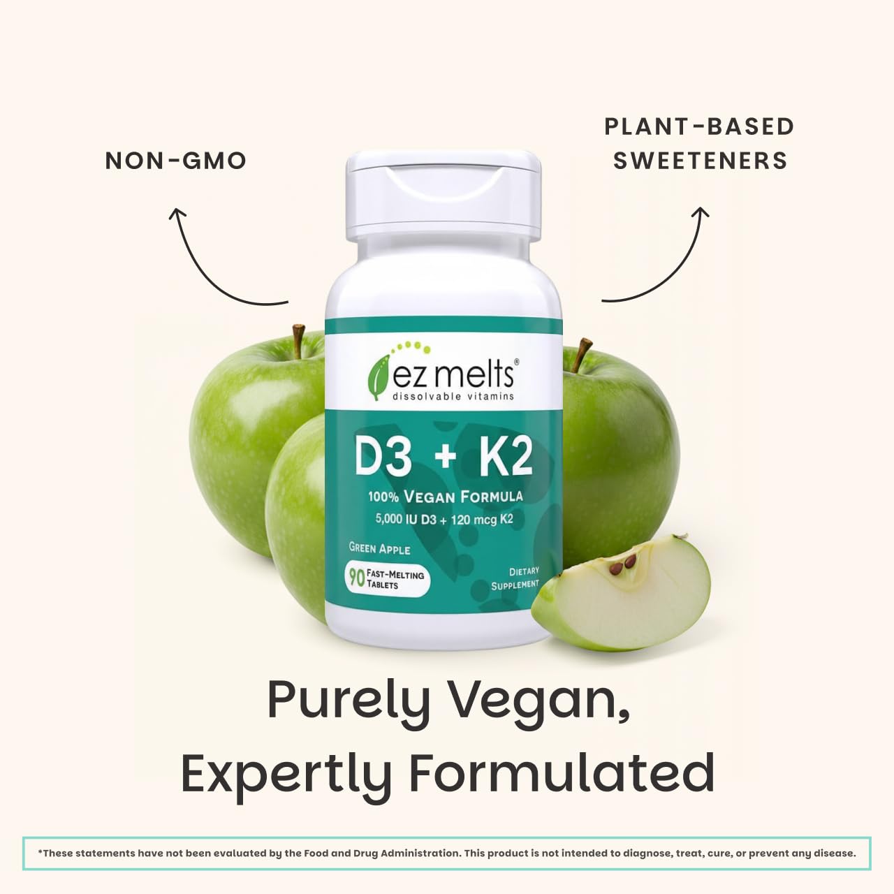 EZ Melts D3 + K2 5000 IU – Vegan, Non-GMO, Green Apple, 90 Tablets
