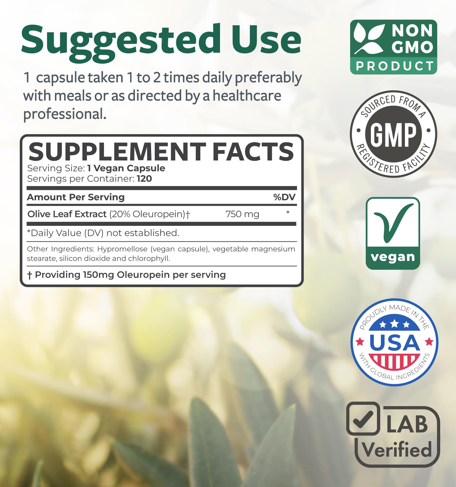 Super Strength Olive Leaf Extract Capsules 750mg – 20% Oleuropein | Vegan, Non-GMO Immunity, Skin & Heart Health – Made in USA (4 Month Supply)