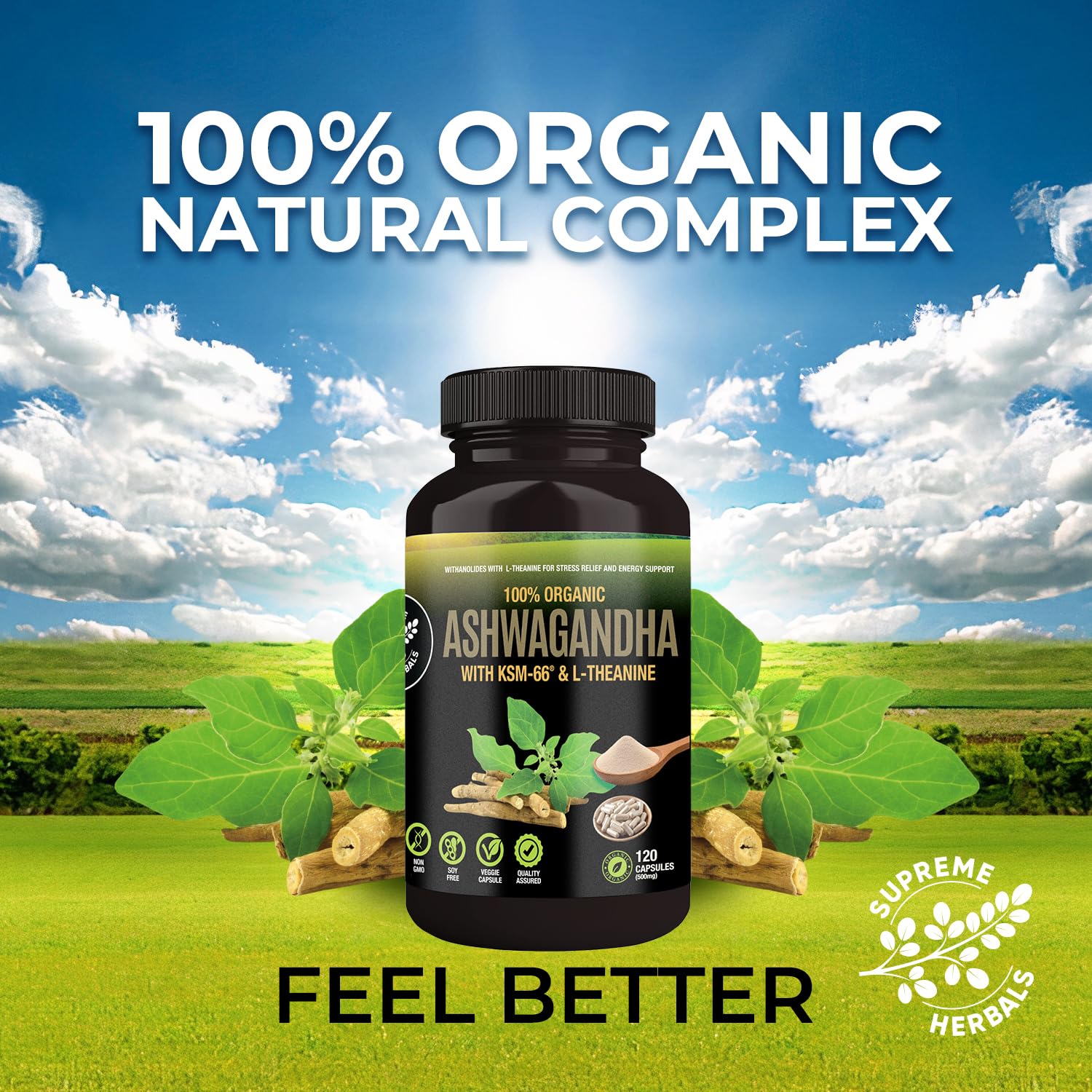 SUPREME HERBALS Organic Ashwagandha Capsules 500 mg with KSM-66® & L-Theanine – 120 Veggie Capsules