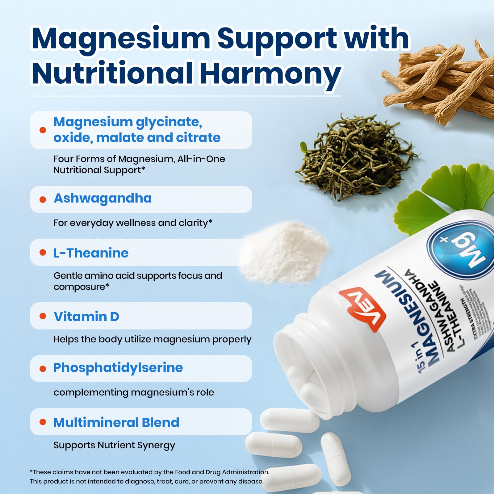 VEV DeepCalm 15 in 1 Magnesium Glycinate & Citrate Complex Capsules – Easy-to-Take Formula with Ashwagandha & L-Theanine – Magnesium Complex for Women – 120 Vegan Capsules