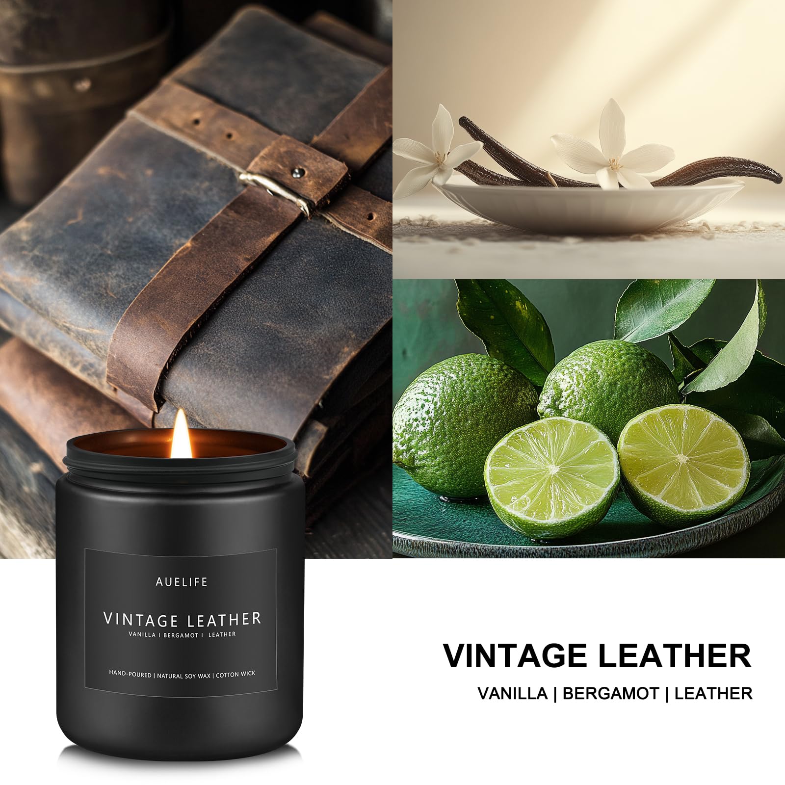 Vintage Leather Candle - Soy, Black Jar 7oz | Men's Scented Candles, Gifts for Him