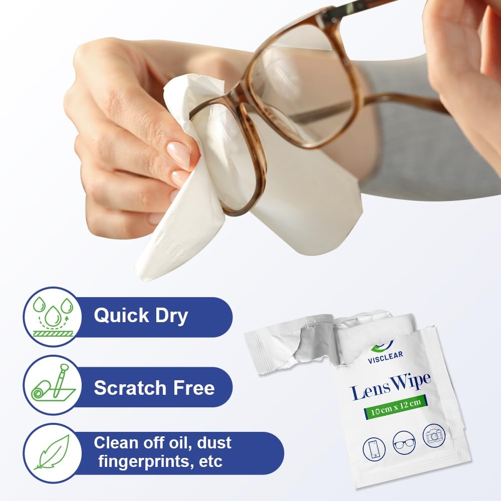 VisClear Lens Wipes for Eyeglasses - 200 Count, Individually Wrapped, Safe from Scratches & Streaks