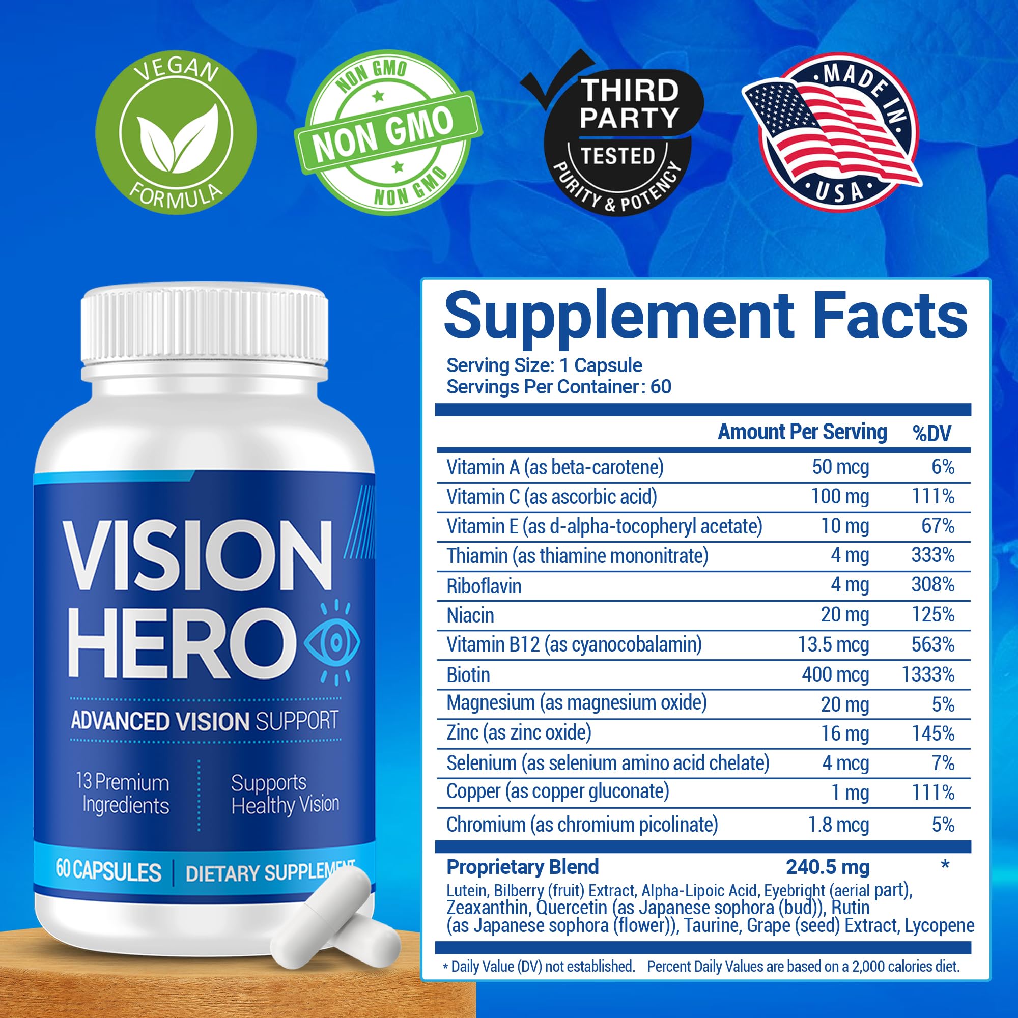 Vision Hero Advanced Vision Support - Eye Health Supplements for Adults (Pack of 2) | 60 Capsules