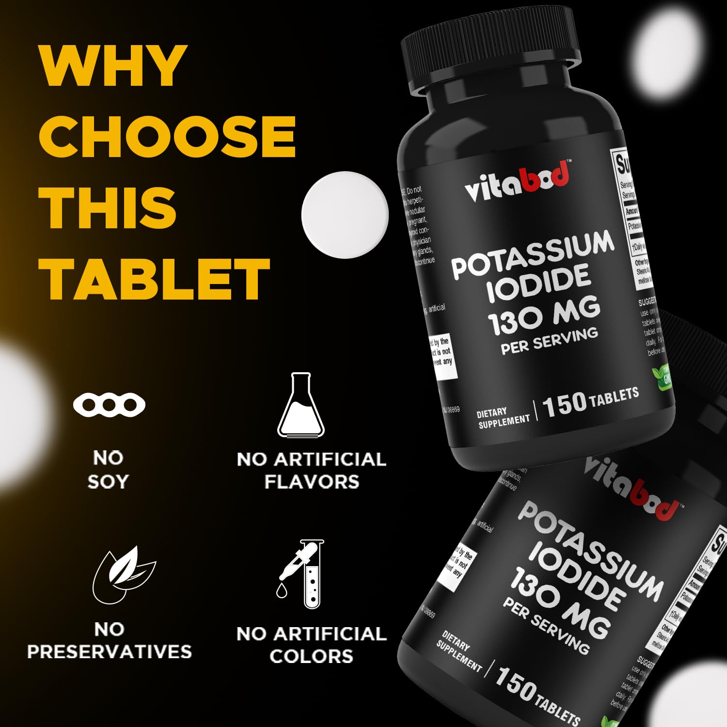 Vitabod Potassium Iodide 130 mg - 150 Tablets (2 Bottles) | Made in USA