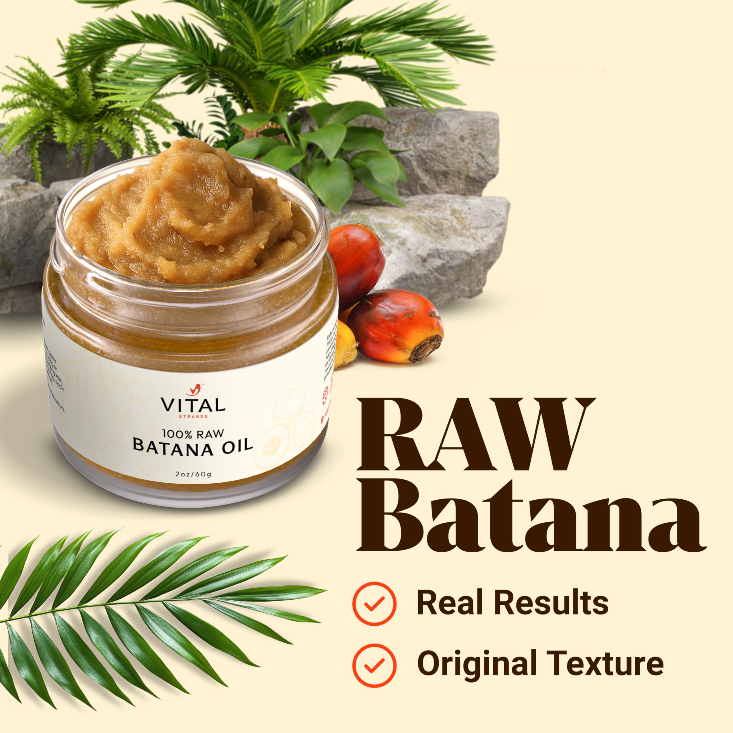 Vital Strands 100% Organic Raw Batana Oil for Hair Growth – All Hair Types – 2oz Glass Jar