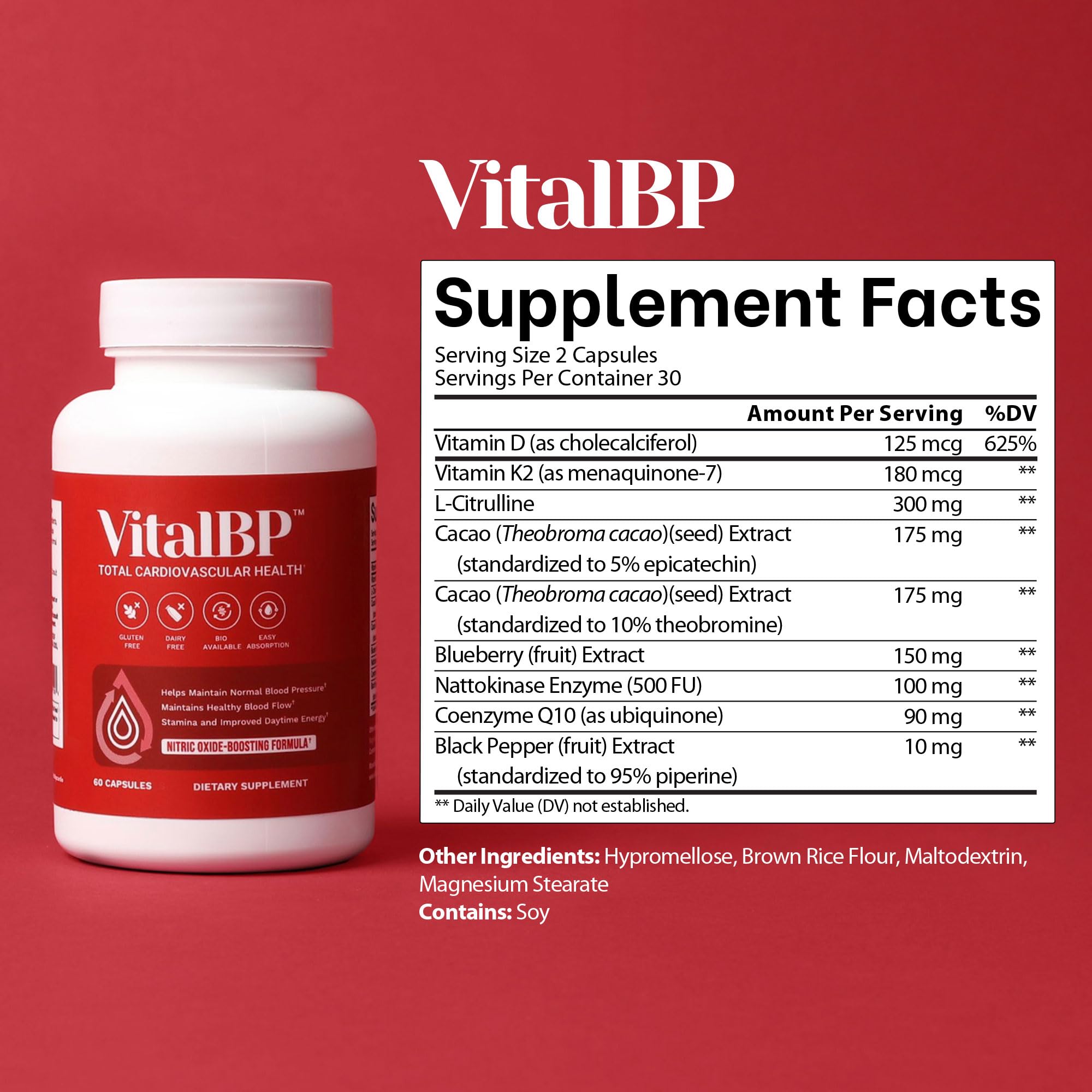 VitalBP - Support for Normal Blood Pressure & Healthy Blood Flow | CoQ10, L-Citrulline, K2 & D3 - 60 Capsules