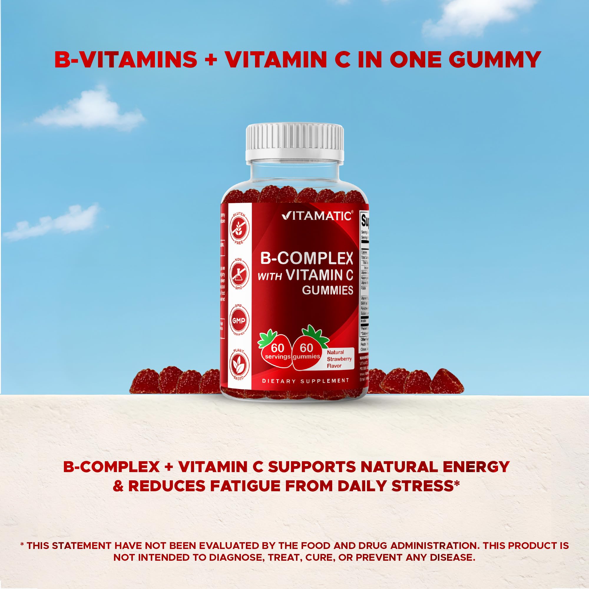 Vitamatic Vitamin B Complex Gummies with Vitamin C & Inositol – Natural Strawberry Flavor – 60 Gummies