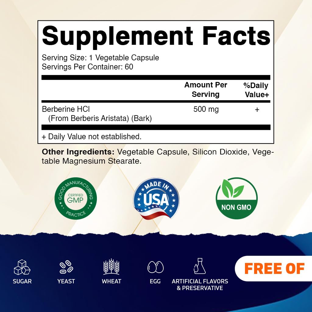 Vitamatic Berberine 500mg Supplement - 60 Vegetable Capsules - Made in USA - Gluten Free - Non-GMO
