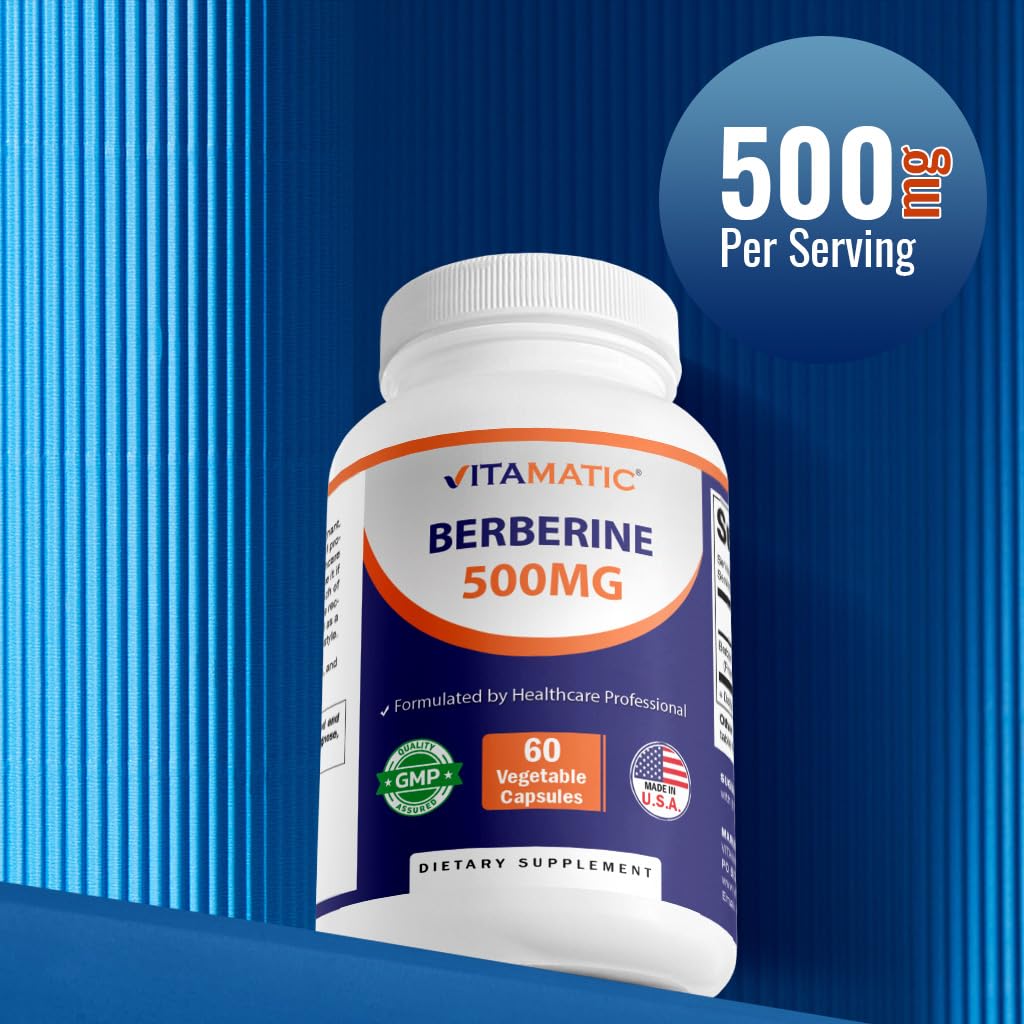 Vitamatic Berberine 500mg Supplement - 60 Vegetable Capsules - Made in USA - Gluten Free - Non-GMO