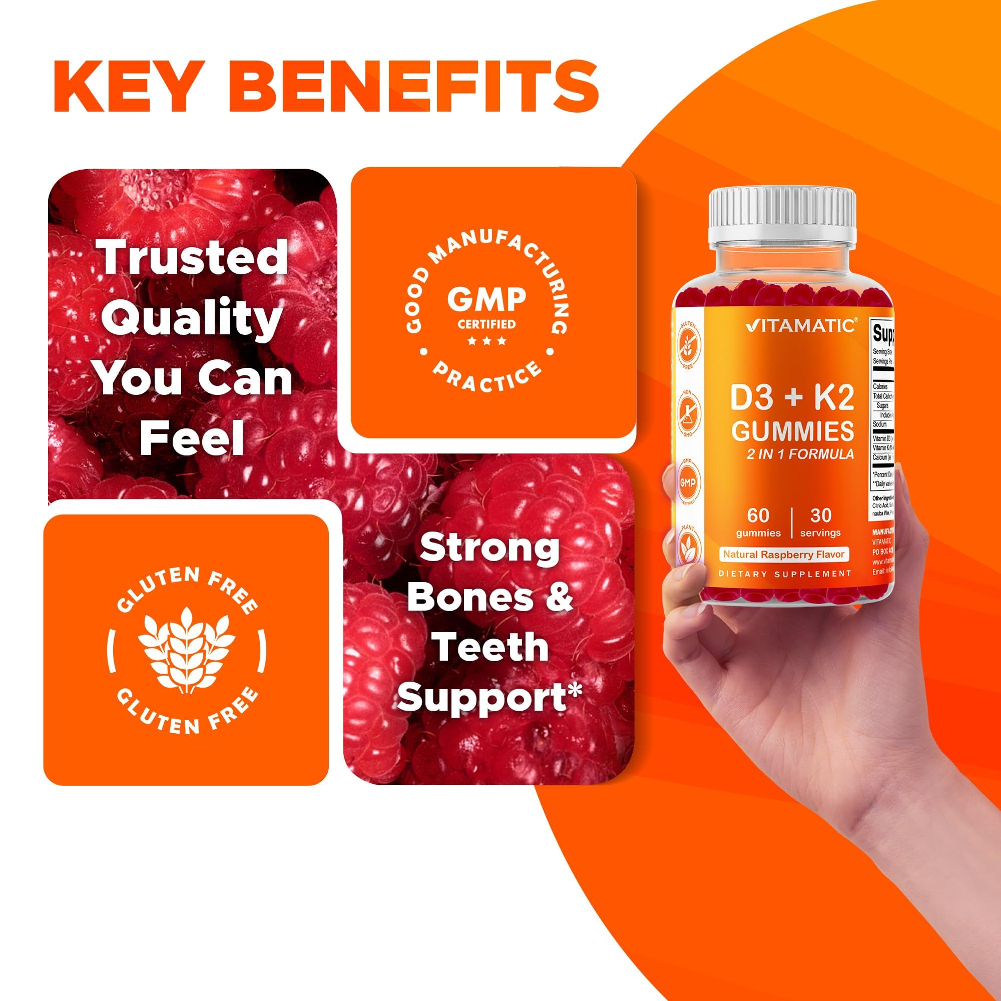 Vitamatic Vitamin D3 + K2 Gummies – 60 Count | Supports Bone, Heart & Immune Health – Promotes Calcium Absorption – Plant-Based, Non-GMO, Gluten-Free