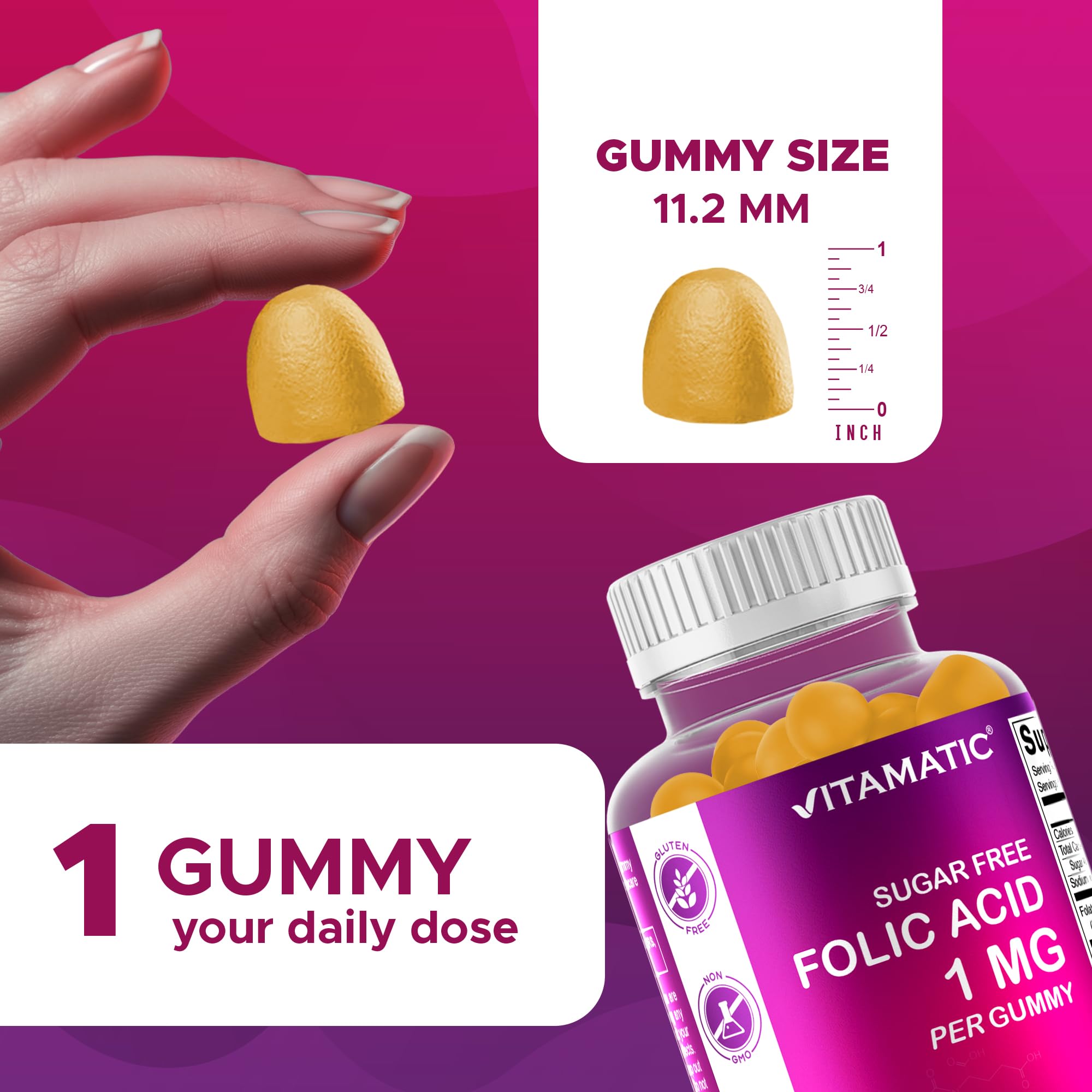 Vitamatic Folic Acid Gummies 1000 mcg – Prenatal Vitamin B9 for Mom & Baby | Vegan 120 Gummies