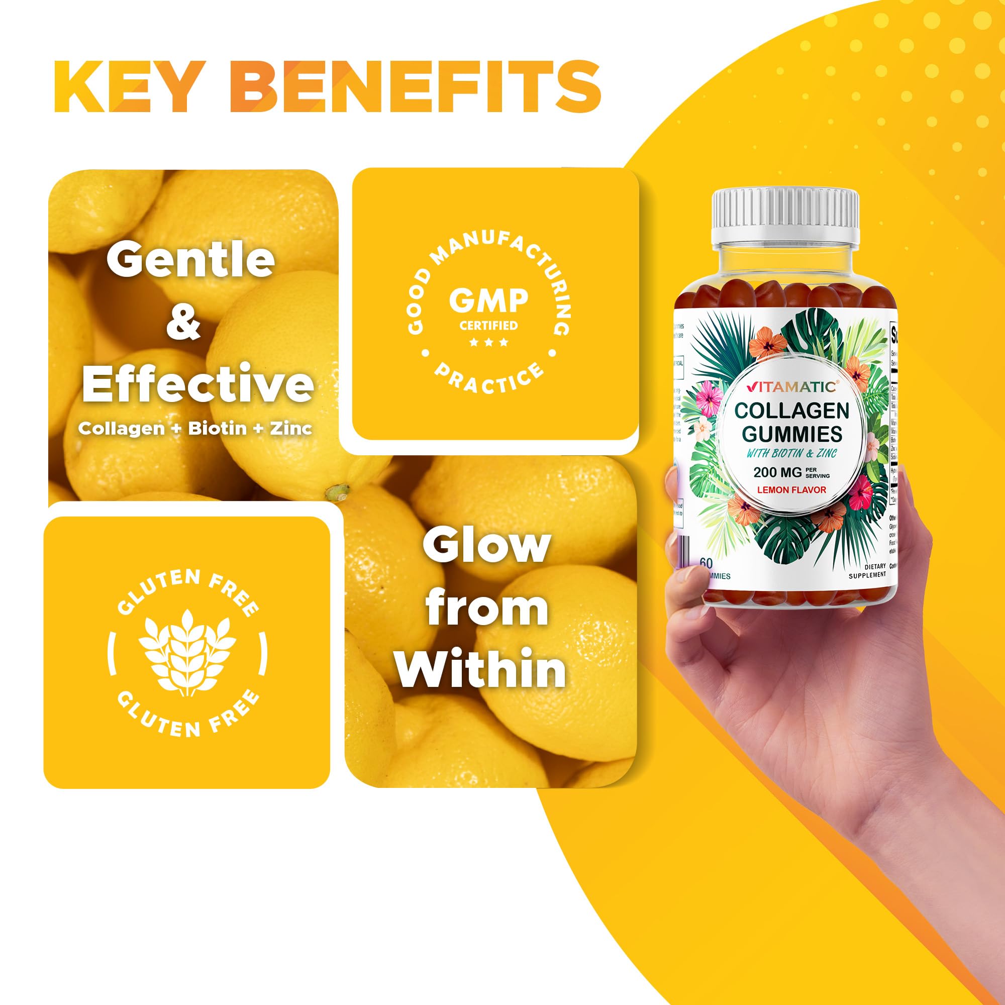 Vitamatic Hydrolyzed Collagen Gummies with Vitamin C, Zinc & Biotin – Healthy Skin Support, 60 Gummies