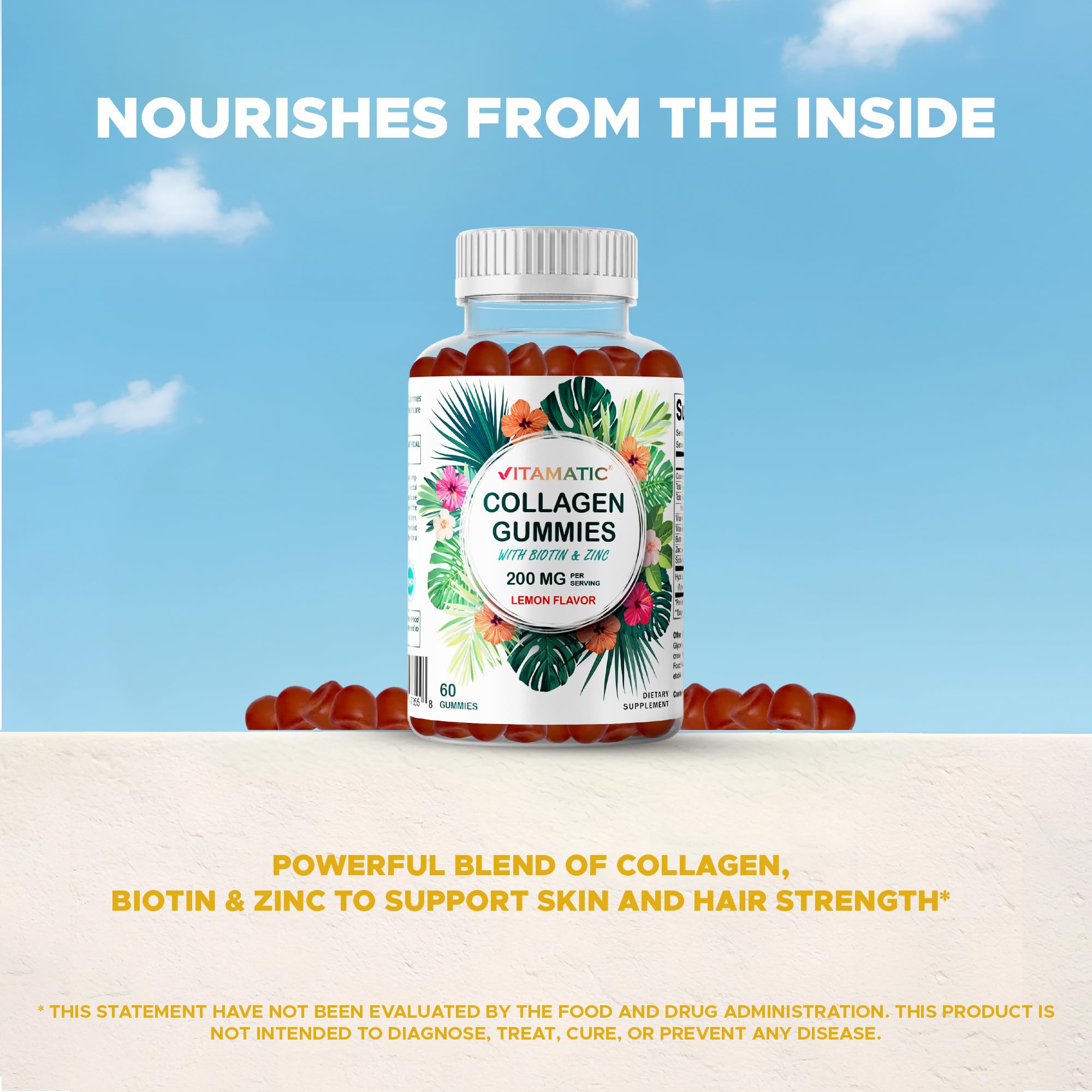 Vitamatic Hydrolyzed Collagen Gummies with Vitamin C, Zinc & Biotin – Healthy Skin Support, 60 Gummies