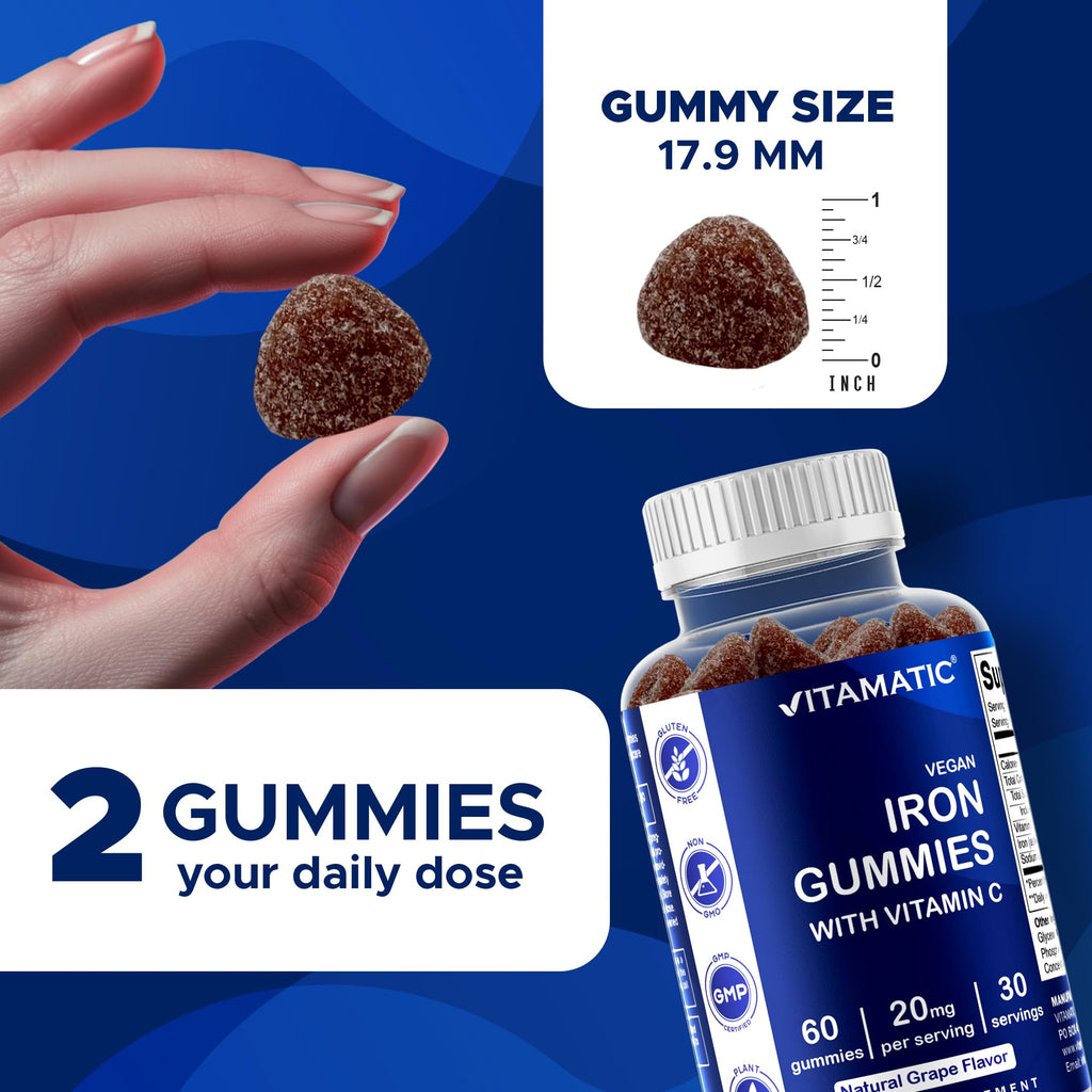 Vitamatic Iron Gummies – 20mg Iron + Vitamin C, Vegan Gummies, 60 Count (Pack of 2)