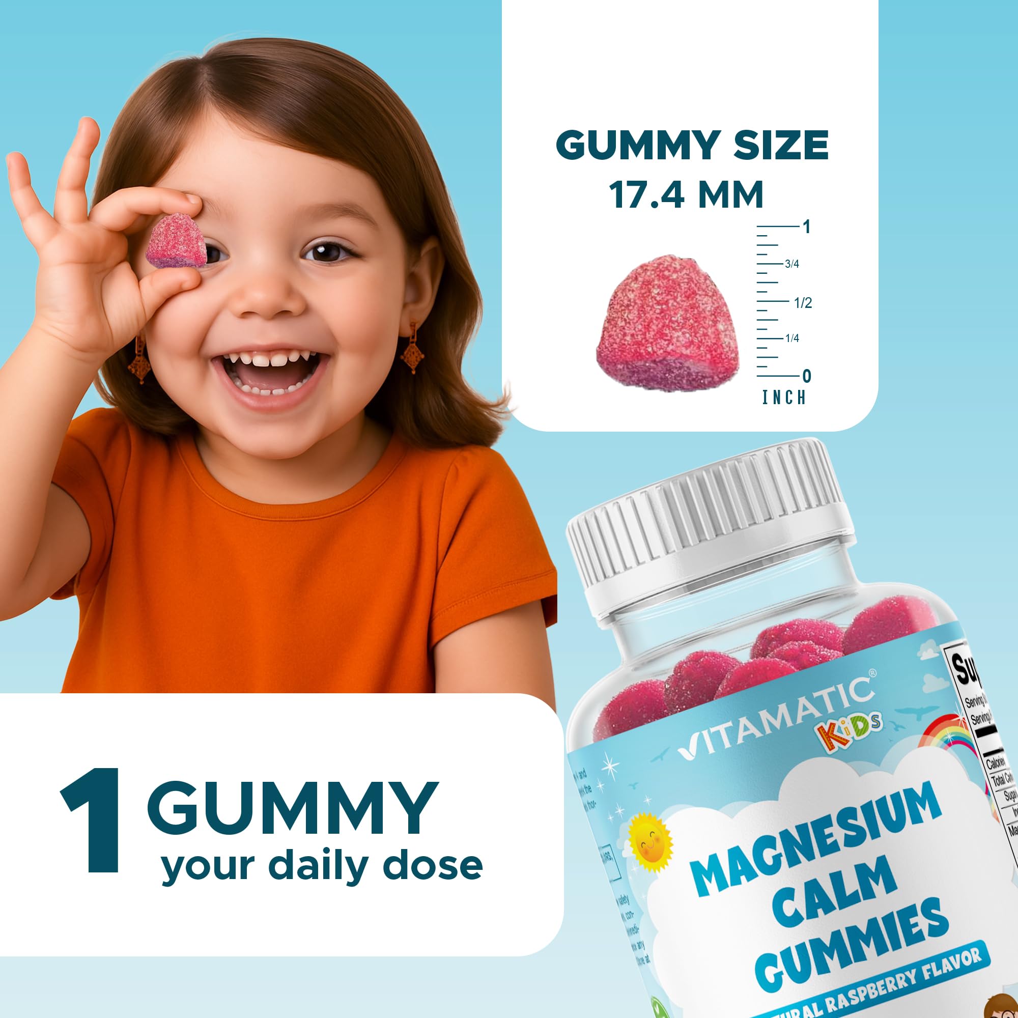 Vitamatic Kids Magnesium Calm Gummies - 60-Count Vegan, Raspberry Flavor | Muscle, Bone & Energy Support