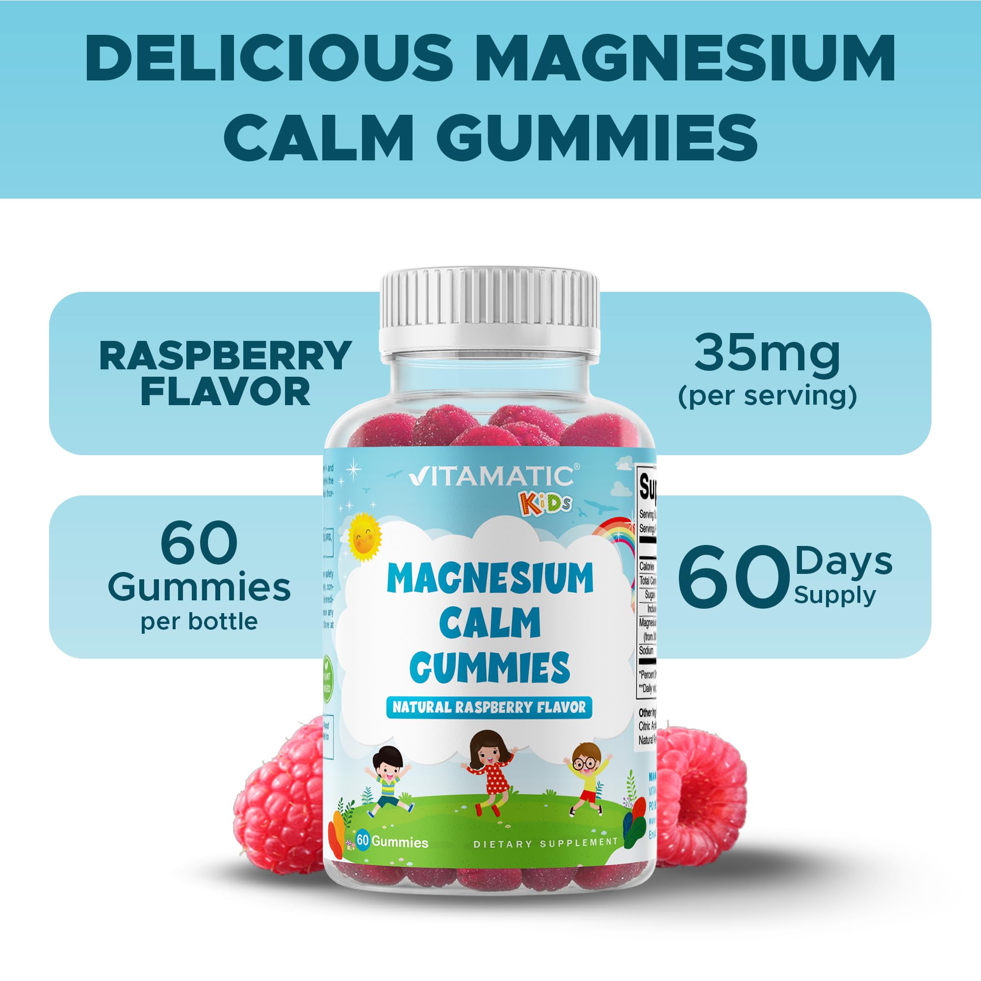 Vitamatic Kids Magnesium Calm Gummies - 60-Count Vegan, Raspberry Flavor | Muscle, Bone & Energy Support
