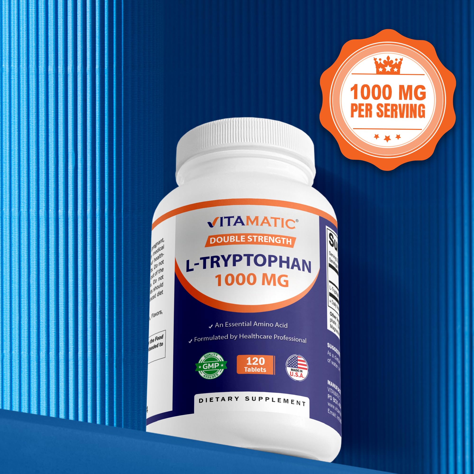 Vitamatic L-Tryptophan 1000mg – 120 Tablets (Pack of 1) | Non-GMO & Gluten Free