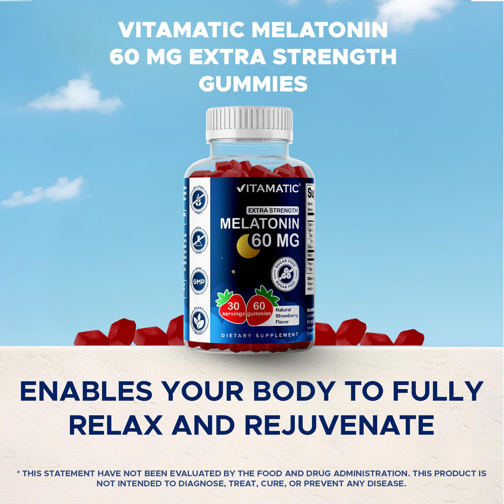 Vitamatic Sugar Free Melatonin 60 mg Gummies – 2 Pack (60 Gummies) – Vegan, Non-Habit Forming