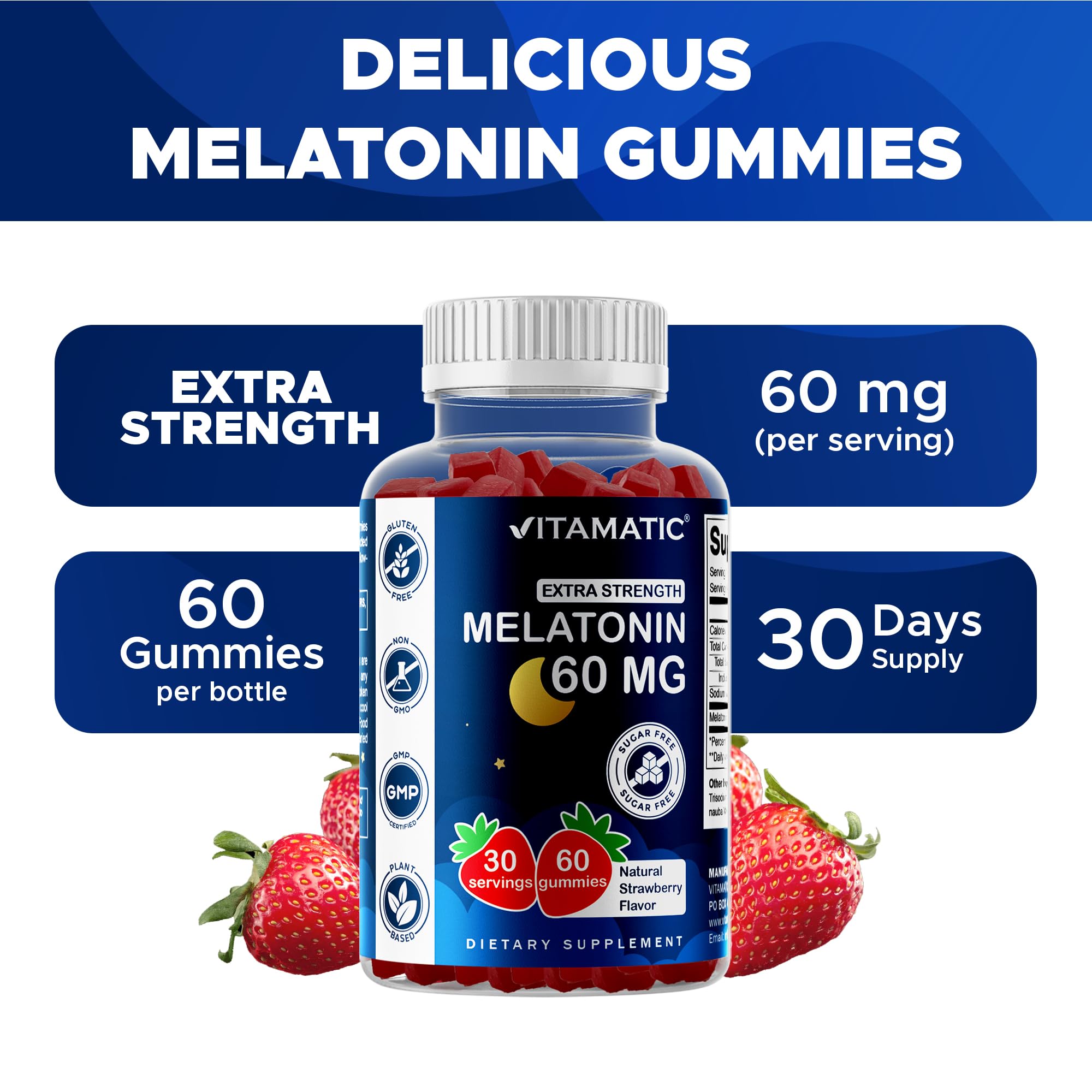 Vitamatic Sugar Free Melatonin 60 mg Gummies – 2 Pack (60 Gummies) – Vegan, Non-Habit Forming